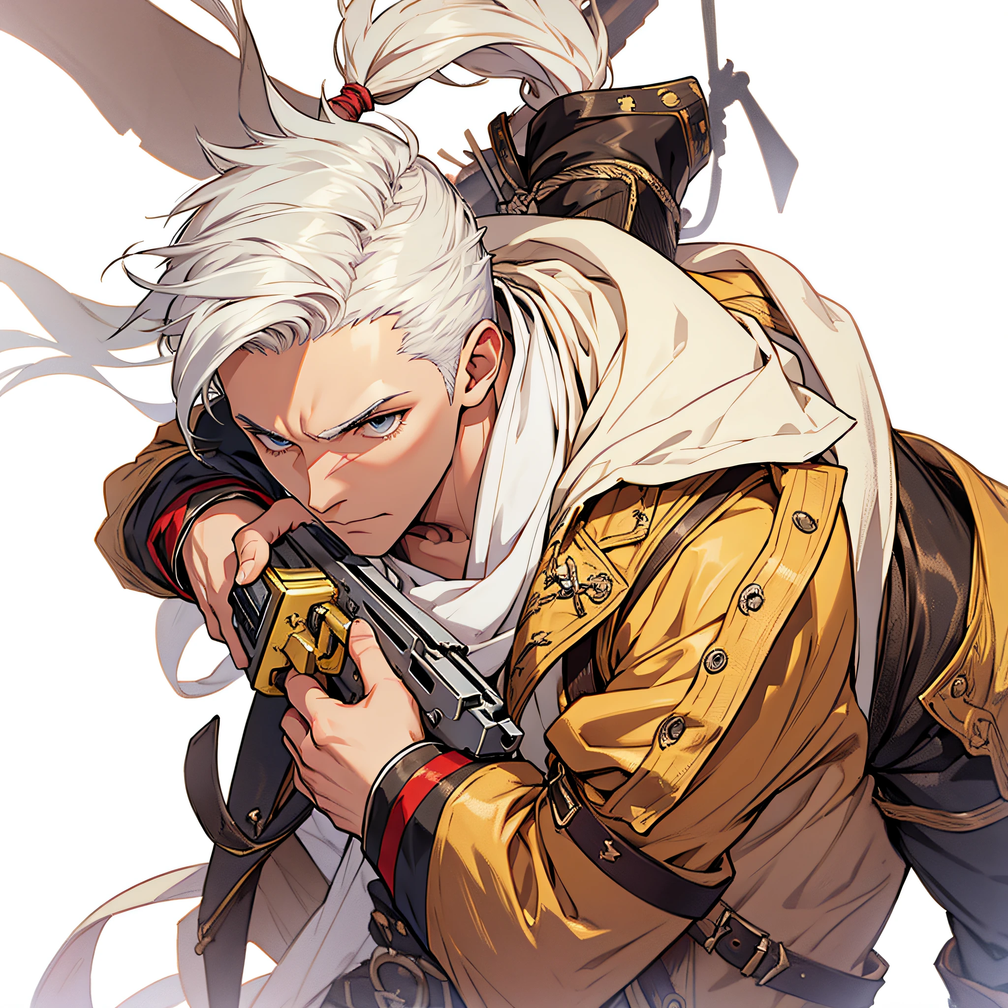 boy with white hair aiming with a pirate gun
