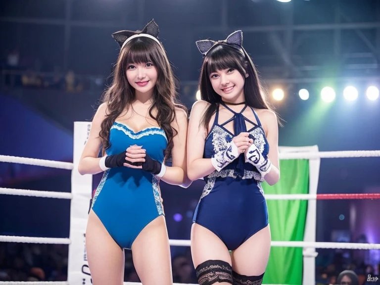 ((masterpiece: 1.4, best quality))+,(ultra detail)+, official art, unity 8k wallpaper, ultra detail, beautiful, high quality, Highlight your cute face, masterpiece, best quality, (The brightly lit pro wrestling ring was packed with spectators..:1.37), medium length straight hair, (brown eyes, brown hair), From head to thighs:1.3, looking straight ahead, Smiling brightly, (Beautiful Girl Pro Wrestler:1.3), (White lace sexy lingerie:1.37), colorful earrings, (Cover your face with a black mask:1.4), (cat ear decoration:1.37), lace neck choker, (skinny abs:1.3),(Small and round breasts:1.2), (Put both hands inside the triangle panties.:1.5)