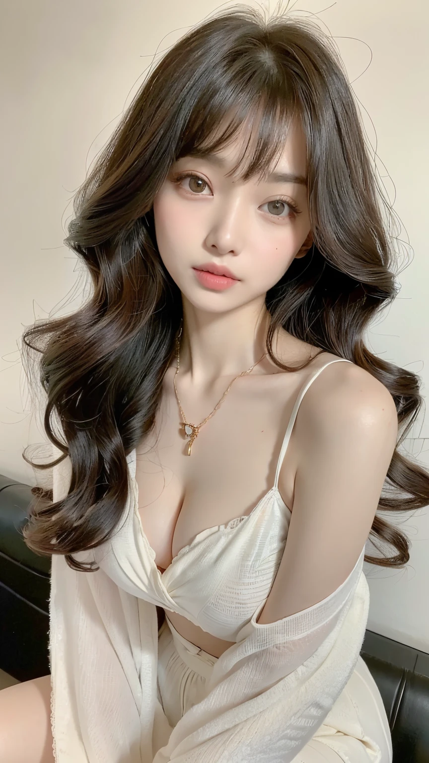 ((best qualtiy, 8K, masterpiece:1.3)), Focus:1.2, ((Night Time)), ((In Bedroom)) (Camera Zoomed Out)) ((Sitting Inside )) ((Perfect figure Beautiful Woman: 1.4)), ((Random Parted Layered Hairstyle) (( Wavy Hair In Large Curls)) ((Layered Big Hairstyle 1.3 )) ((Protruding cleavage)) ,((Wearing PJs: 1.5)), ((Detailed Eyes And Lips 1.3 )) (Highly Detailed Face and Skin Texture)),二重まぶた,((Full Body Shot)), ((Detailed Skin)),((Wearing necklace)), ((Looking At Camera)),