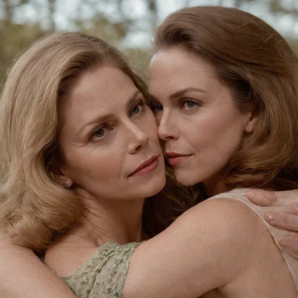 Elizabeth Montgomery as Samantha Stephen hugging and lesbian kissing with Elizabeth Montgomery Serena, with hands on butts, full body