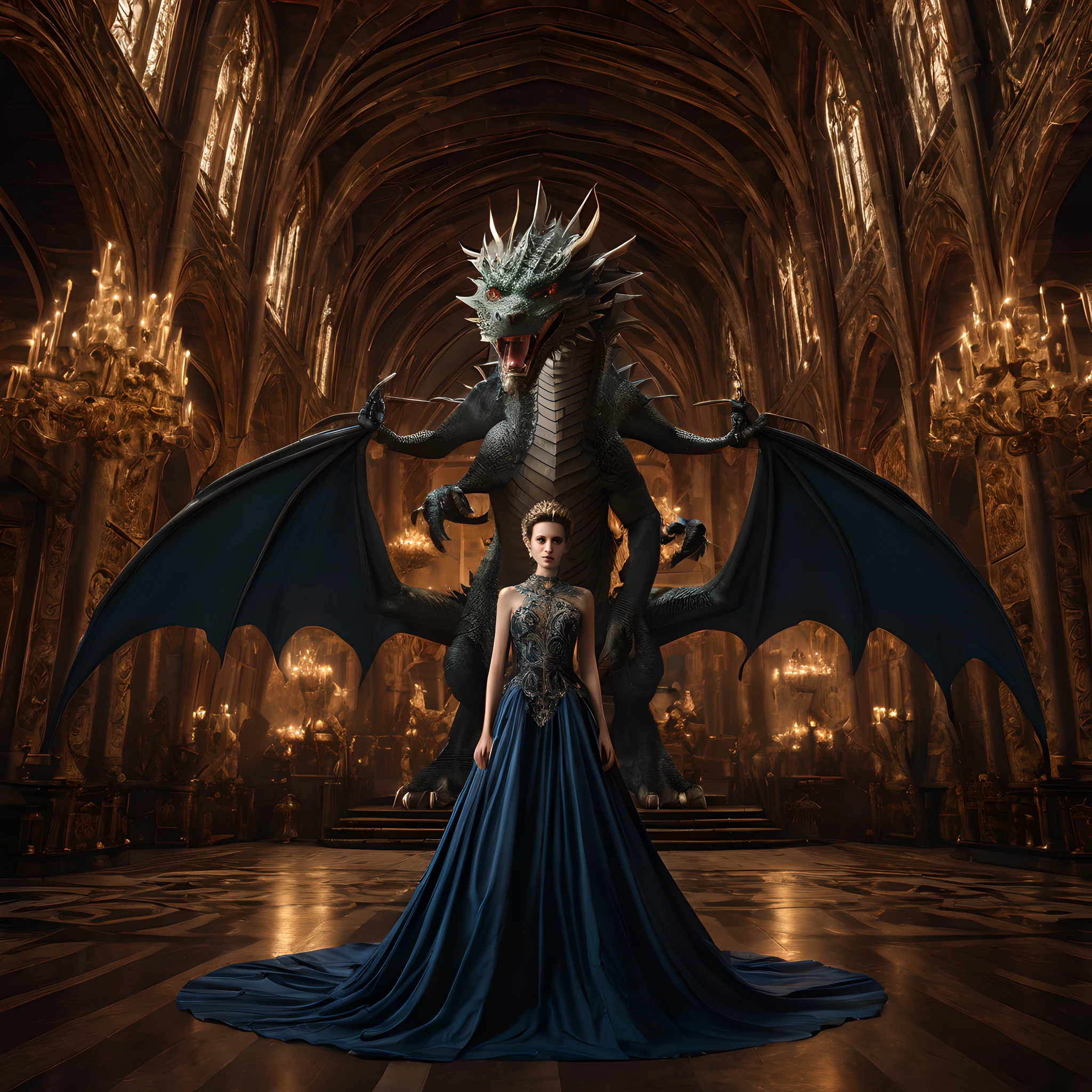 Capture a photo-realistic image of a grand throne room with gothic architecture, tall arches, and elaborate carvings. In the center stands a queen with a regal demeanor, dressed in an intricate, floor-length gown. Behind her rises a colossal multi-headed dragon with sharp fangs and scales, its heads roaring menacingly towards the sky. The lighting casts a dramatic atmosphere, with the dragon's twisted body and the queen's dress details meticulously defined, evoking a sense of