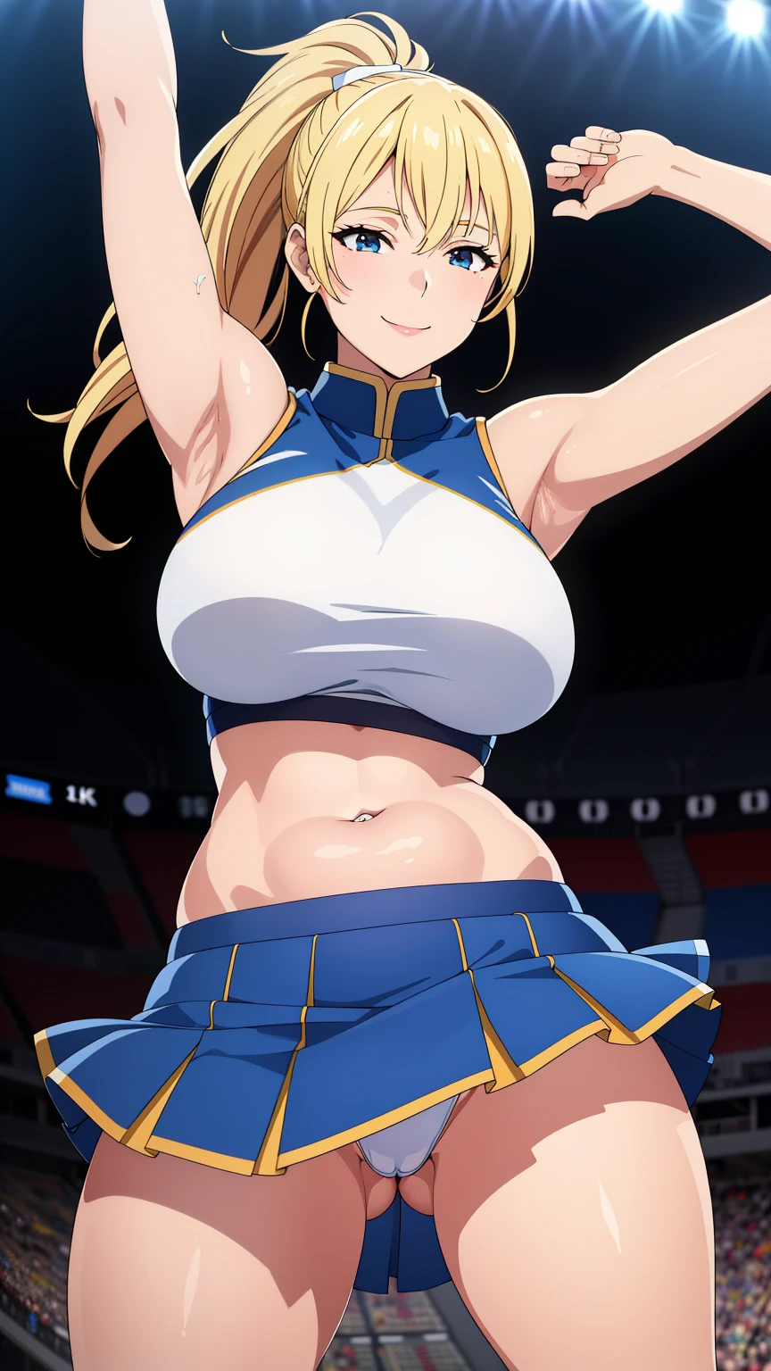 (best quality:1.5, highres, UHD, 4K, detailed lighting, shaders), blonde ponytail, smiling, large breasts, thighs, cheerleader outfit, belly, skirt lift, crotch, hands up, armpits, sexy, (close shot), stadium background