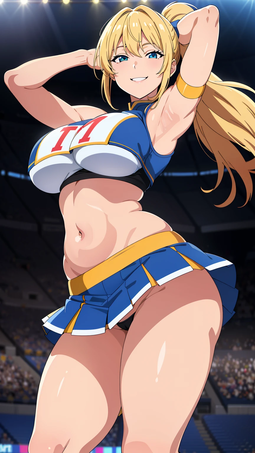 (best quality:1.5, highres, UHD, 4K, detailed lighting, shaders), blonde ponytail, smiling, large breasts, thighs, cheerleader outfit, belly, skirt lift, crotch, hands up, armpits, sexy, (close shot), stadium background