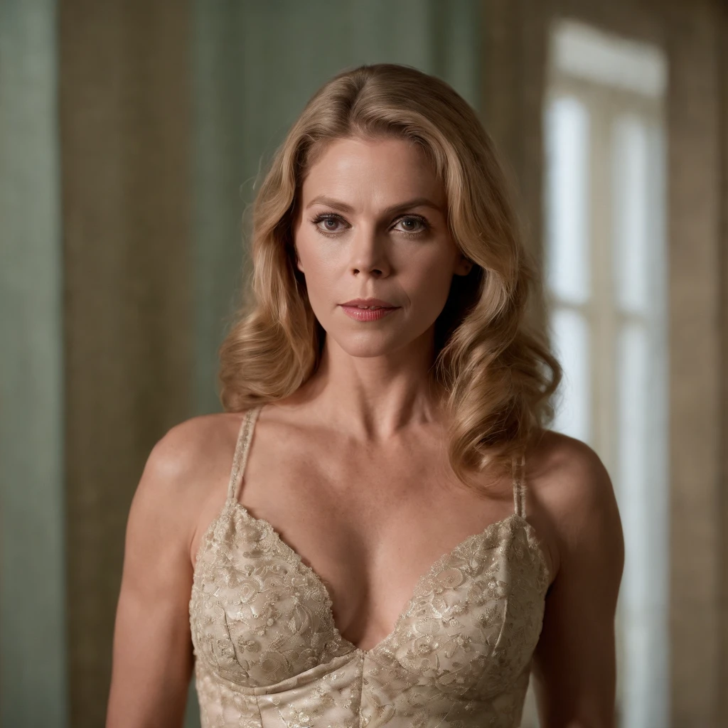 a beautiful 40 year old blond Scandinavian woman, cinematic lighting, wearing a bra, muscular body