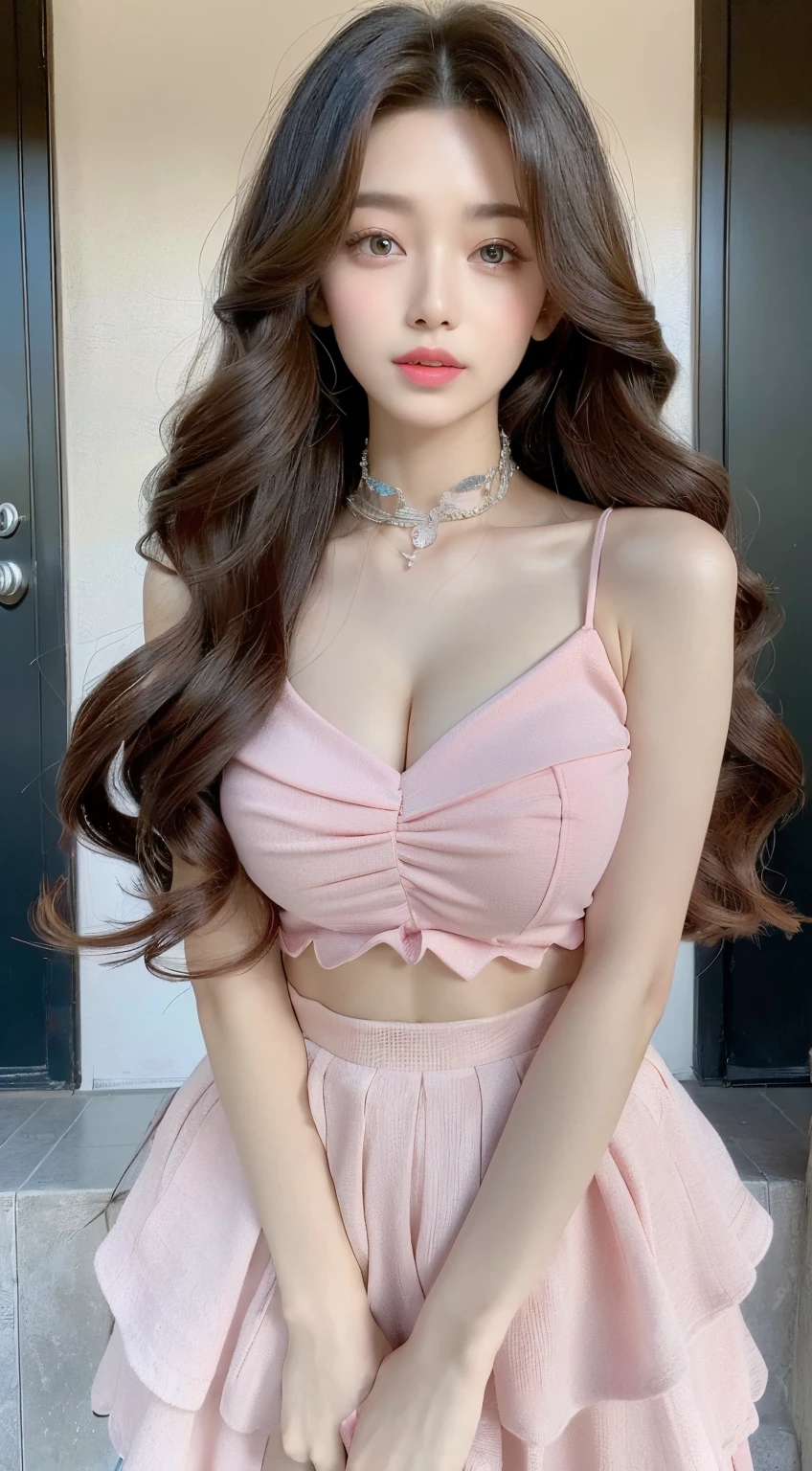 ((best qualtiy, 8K, masterpiece:1.3)), Focus:1.2, ((Summer)), ((Camera Zoomed Out)) ((Sitting Outside )) ((Perfect figure Beautiful Woman: 1.4)), ((Random Parted Layered Long Hairstyle) (( Wavy Hair In Large Curls)) ((Layered Big Hairstyle 1.3 )) ((Protruding cleavage)) ,((Wearing A Two-Piece Matching Pink Top With High Skirt : 1.5)), ((Detailed Eyes And Lips 1.3 )) (Highly Detailed Face and Skin Texture)),二重まぶた,((Full Body Shot)), ((Detailed Skin)),((Wearing Diamond Chocker)), ((Looking At Camera)), ((90s Long Layered Hairstyle))