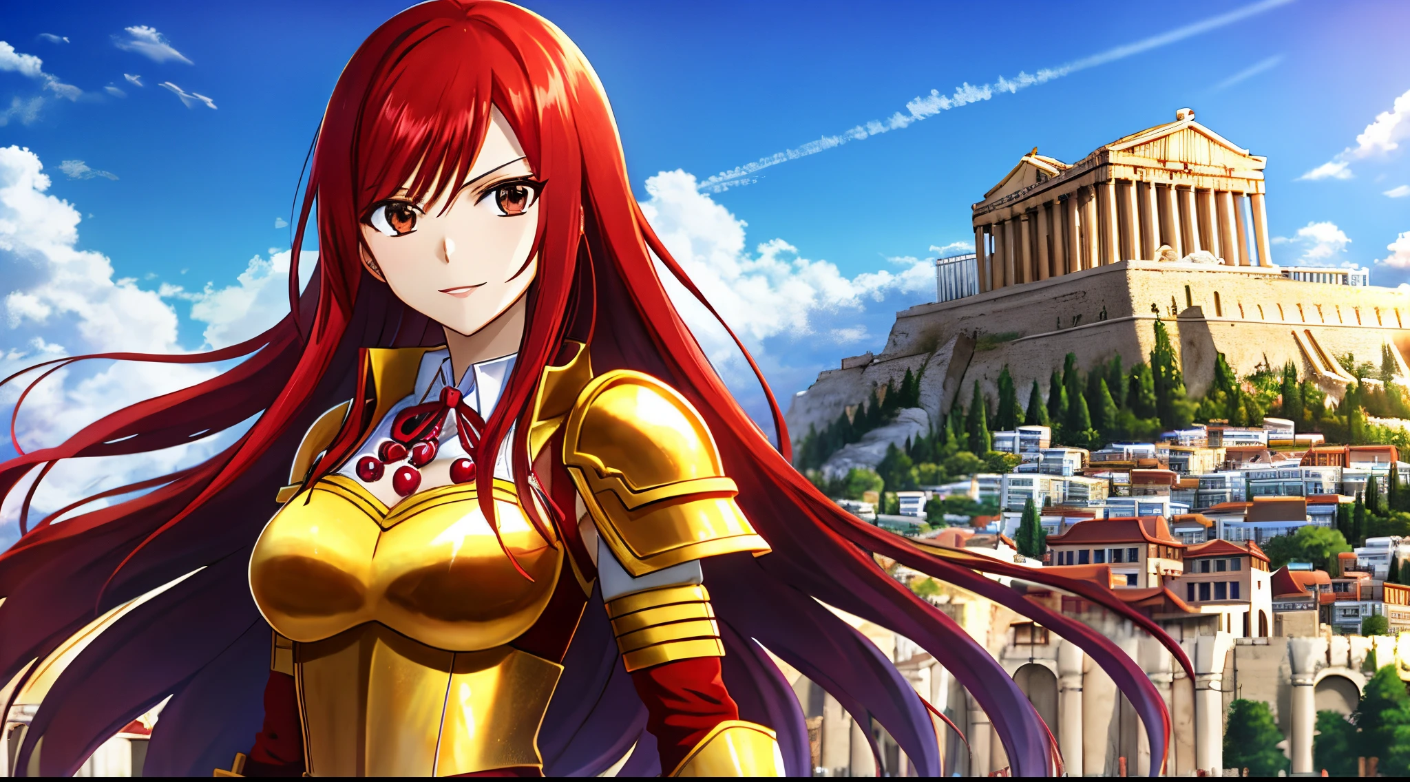 erza, 1girl, solo, long_hair, medium breasts,brown_eyes,red_hair, japanese_clothes, golden armor, beads on neck, greek Acropolis in background