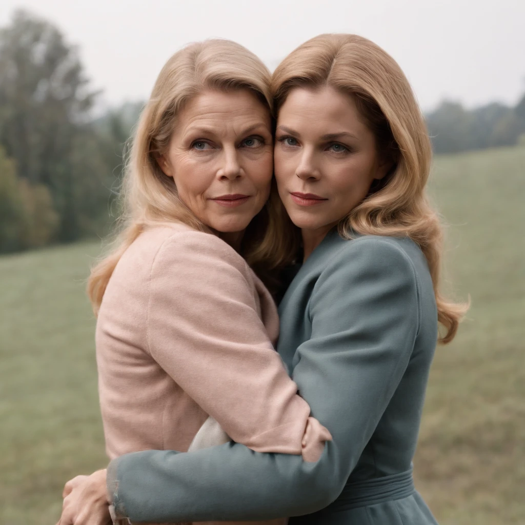Elizabeth Montgomery as Samantha Stephen hugging and lesbian kissing with Elizabeth Montgomery Serena, with hands on butts, full body