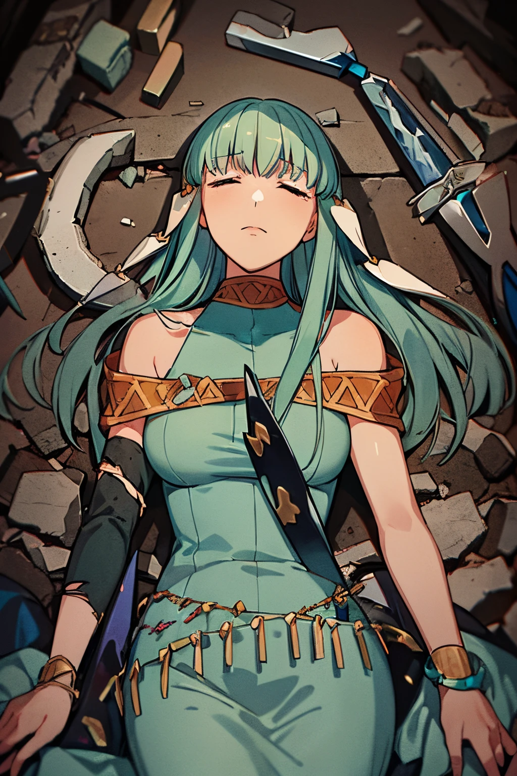 Ninian is lovingly languid in a crater after losing a tough battle, lieing lifeless and inert on debris, rubble, and weapons with torn pieces of fabric out of her dress. Her blue dress, despite being whole, has many rips and tears. She cannot move from her prone position lieing on her back, unable to open her eyes or breath. (Ninian), (blue hair, blue eyes, large shapely breast, long hair, clammy and damp face), (Dress), (long blue drenched dress, bare shoulders, more small jewlery, ripped and torn dress, languid in a dark grey murky field, anguished facial expression, closed eyes) (anguished closed eyes:1), (Ninian languid, prone on her back, defeated in rubble and weapons:1.5), Ninian is listless and motionless in a dark grey foggy field:1.0, Ninian is sullied and dirty:1.2, ( Ninian lieing in debris and broken metal pieces:1.0), inside has rubble and many pieces of broken spears, blades, and shields covering Ninian, (4K quality, high quality, 4k quality Ninian and dress:1.0), (solo, one person, 1girl:1.5), ninian fe, red eyes, long dress, jewelry, dancer