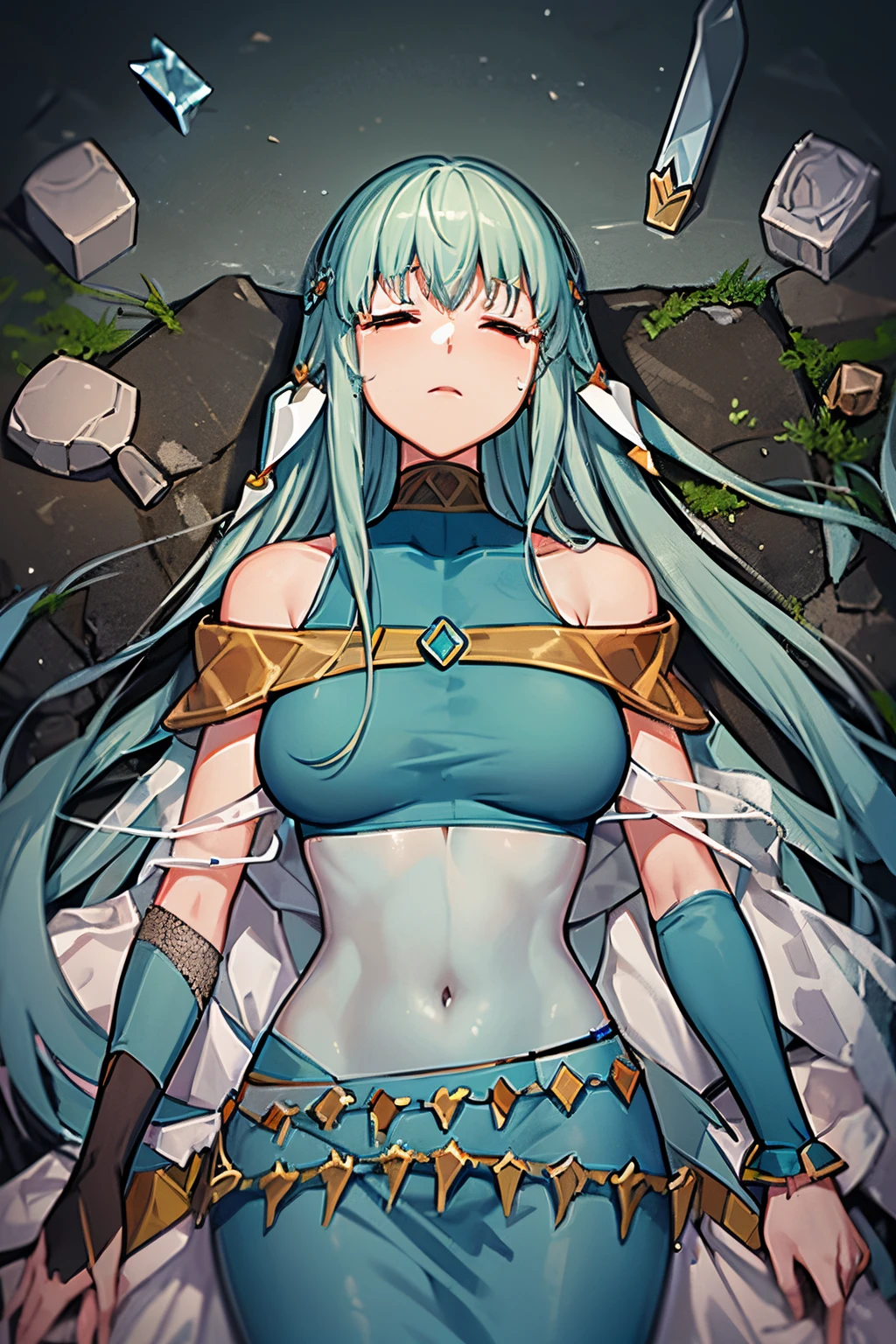 Ninian is lovingly languid in a crater after losing a tough battle, lieing lifeless and inert on debris, rubble, and weapons with torn pieces of fabric out of her dress. Her blue dress, despite being whole, has many rips and tears. She cannot move from her prone position lieing on her back, unable to open her eyes or breath. (Ninian), (blue hair, blue eyes, large shapely breast, long hair, clammy and damp face), (Dress), (long blue drenched dress, bare shoulders, more small jewlery, ripped and torn dress, some pieces of dress on the midriff, jewelry and accessories destroyed, languid in a dark grey murky field, anguished facial expression, closed eyes) (anguished closed eyes:1), (Ninian languid, prone on her back, defeated in rubble and weapons:1.5), Ninian is listless and motionless in a dark grey foggy field:1.0, Ninian is sullied and dirty:1.2, ( Ninian lieing in debris and broken metal pieces:1.0), inside has rubble and many pieces of broken spears, blades, and shields covering Ninian, (4K quality, high quality, 4k quality Ninian and dress:1.0), (solo, one person, 1girl:1.5), ninian fe, red eyes, long dress, jewelry, dancer