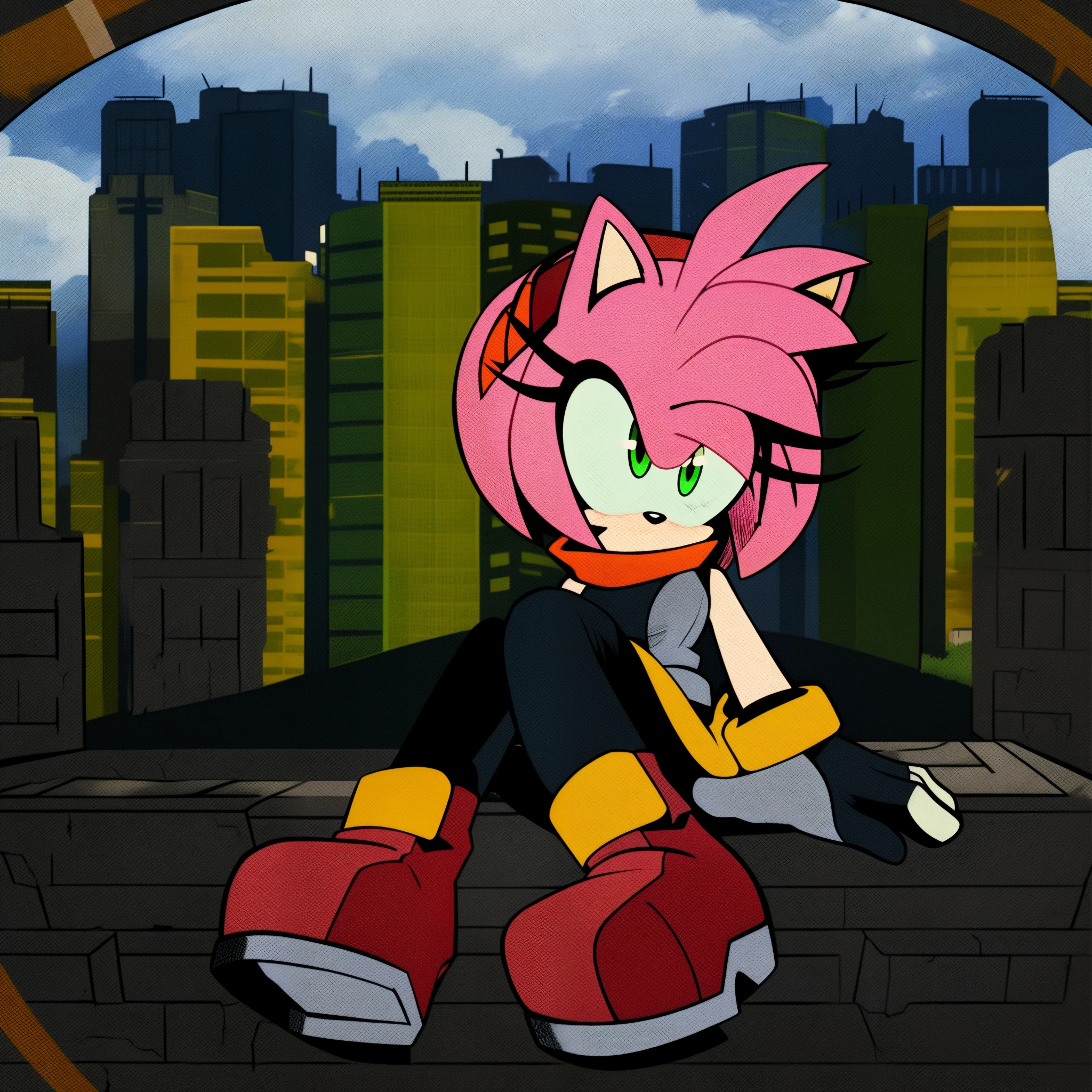 (masterpiece best quality:1.2), amy rose, 1girl, looking at viewer, stoic, medium hair, city ruins background, dark red fingerless gloves, red top with white stripe on center, dark grey body suit, gold belt, dark red skirt, full body, dark red hairband, dark red boots, sleeveless, dark grey scarf, pale skin tone arms, serious, dark red footwear, furry, furry female, animal nose, solo, small scar on chin, large hair bangs, sonic the hedgehog \(series\), green eyes, animal ears, dark pale pink hair, dark pale pink fur, white stripped boots, perfect anatomy, outside, city ruins, clouds, detailed background, detailed, perfect hands, sitting, 5 fingers