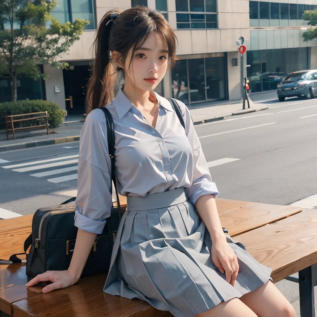 ((Best quality at best, 8K, On a table: 1.3)), Big breasts are beautiful, 1 japanese girl, dark brown hair, ar old, small, bluntbangs, low ponytail, Face focus, Detailed faces, The lips are very detailed, A detailed eye, 二重まぶた, Sweaty skin: 1.2, (((校服, blouse with a white collar, tics, Gray skirt, JK skirt))), bookbag, Big blue bag, feet on feet, town, pedestrian walkway,