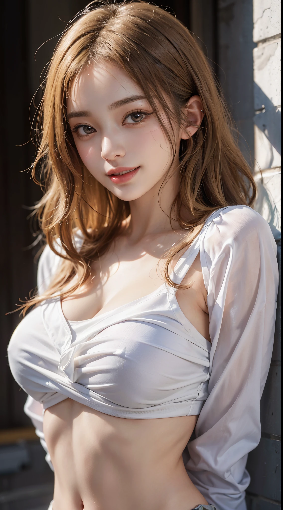 ((Beauty like a model)), Japan Girl,1 persons,masterpiece, The highest image quality, ultra-detailliert, (perfectbody:1.2,Best Quality:1.2), ((Perfect face+blonde hair)), Close up of, short wavy hair,Viewer's Perspective, detailed hairs、Detailed eyes(realisticeyes),profetional lighting,(Brown eyes),slenderbody,adult lady,About 28 years old,glamor,kindly smile,Half Girl,Lashes,二重まぶた,(Shirt with a large gap in the back),Raw photo,Sexy lips,((Lovely smile)),((she crumpled her face and smiled)),Navel Fashion,abdominals,Constriction,((Beautiful back)),((piercings)),((white shirt large))