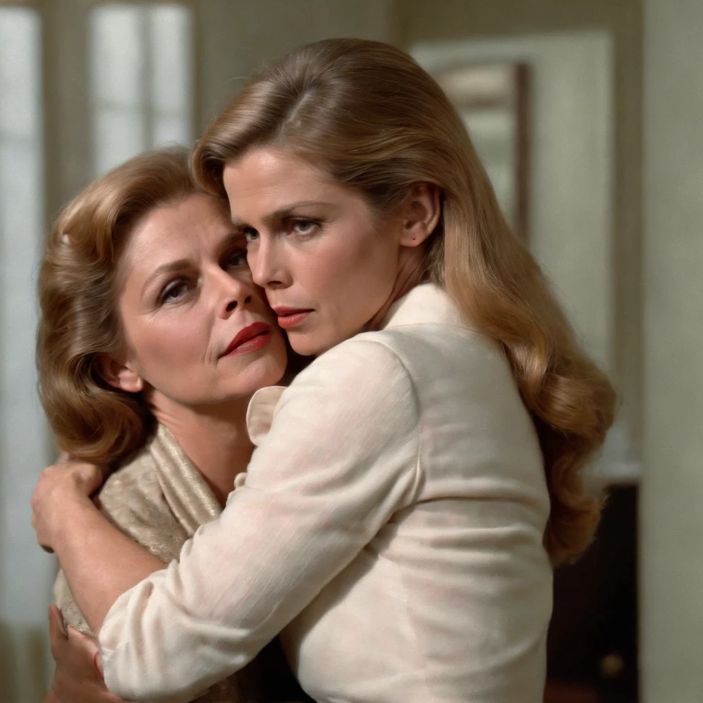 Elizabeth Montgomery as Samantha Stephen hugging and passionately kissing with Elizabeth Montgomery Serena,  with hands on butts, full body