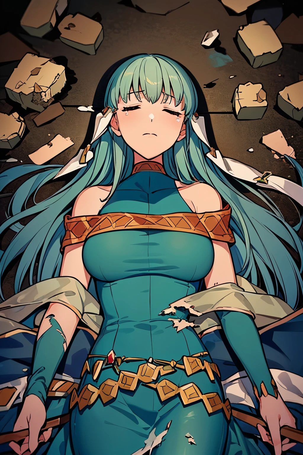 Ninian is lovingly languid in a crater after losing a tough battle, lieing lifeless and inert on debris, rubble, and weapons with torn pieces of fabric out of her dress. Her blue dress, despite being whole, has many rips and tears. She cannot move from her prone position lieing on her back, unable to open her eyes or breath. (Ninian), (blue hair, blue eyes, large shapely breast, long hair, clammy and damp face), (Dress), (long blue drenched dress, bare shoulders, more small jewlery, ripped and torn dress, languid in a dark grey murky field, anguished facial expression, closed eyes) (anguished closed eyes:1), (Ninian languid, prone on her back, defeated in rubble and weapons:1.5), Ninian is listless and motionless in a dark grey foggy field:1.0, Ninian is sullied and dirty:1.2, ( Ninian lieing in debris and broken metal pieces:1.0), inside has rubble and many pieces of broken spears, blades, and shields covering Ninian, (4K quality, high quality, 4k quality Ninian and dress:1.0), (solo, one person, 1girl:1.5), ninian fe, red eyes, long dress, jewelry, dancer