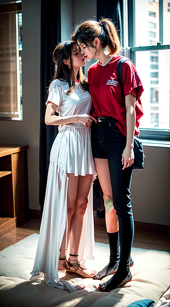 full body standing straight barefoot,blonde long hair, holding hands on bed, kissing each other, sleeping together MOTHER AND DAUGHTERS alike Android 18, both blonde hair, big ass, thigh, girl scout uniform like pornstar movie shoot, happy, bright light