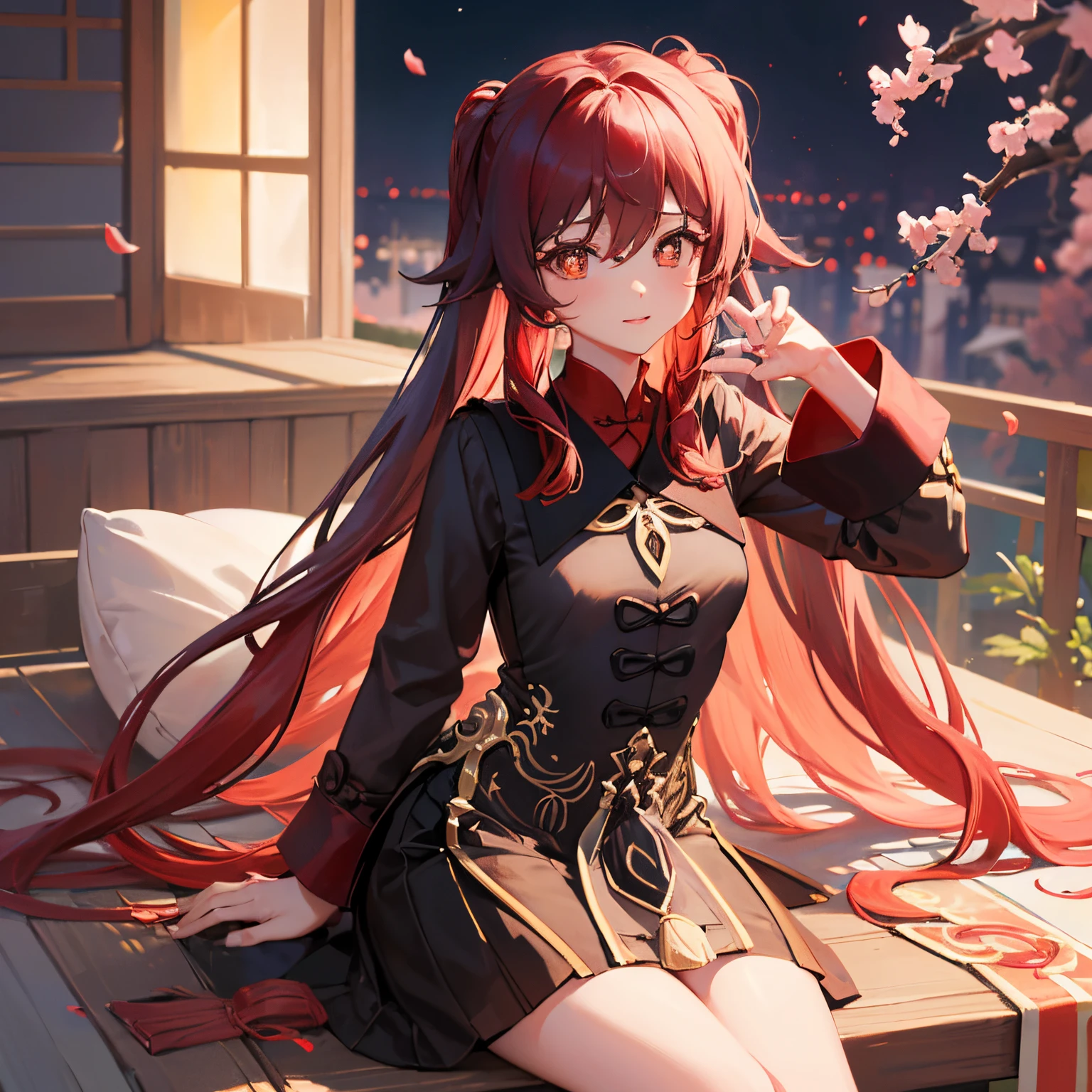 tmasterpiece, Best quality at best, 1 girl, hu tao, sitting on her knees, 美丽细致的眼睛, flowing red hair, Elegant traditional clothing, Delicate cherry blossom petals, vivd colour, gentlesoftlighting, Photorealistic rendering, Enchanted expression, dynamicposes
