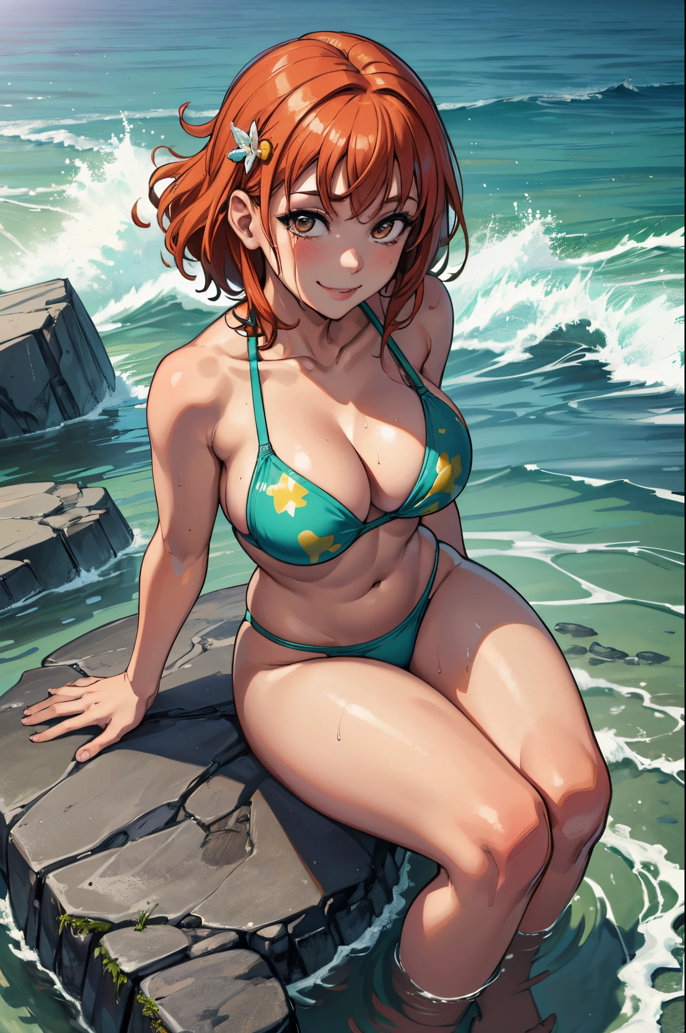 (best quality,4k,8k,highres,masterpiece:1.2), ultra-detailed, on knees, sitting, curvy,takami chika, bikini,  slightly excited and smile, thighs, cowboy shot, hair ornament, random pose,sea in background,wet