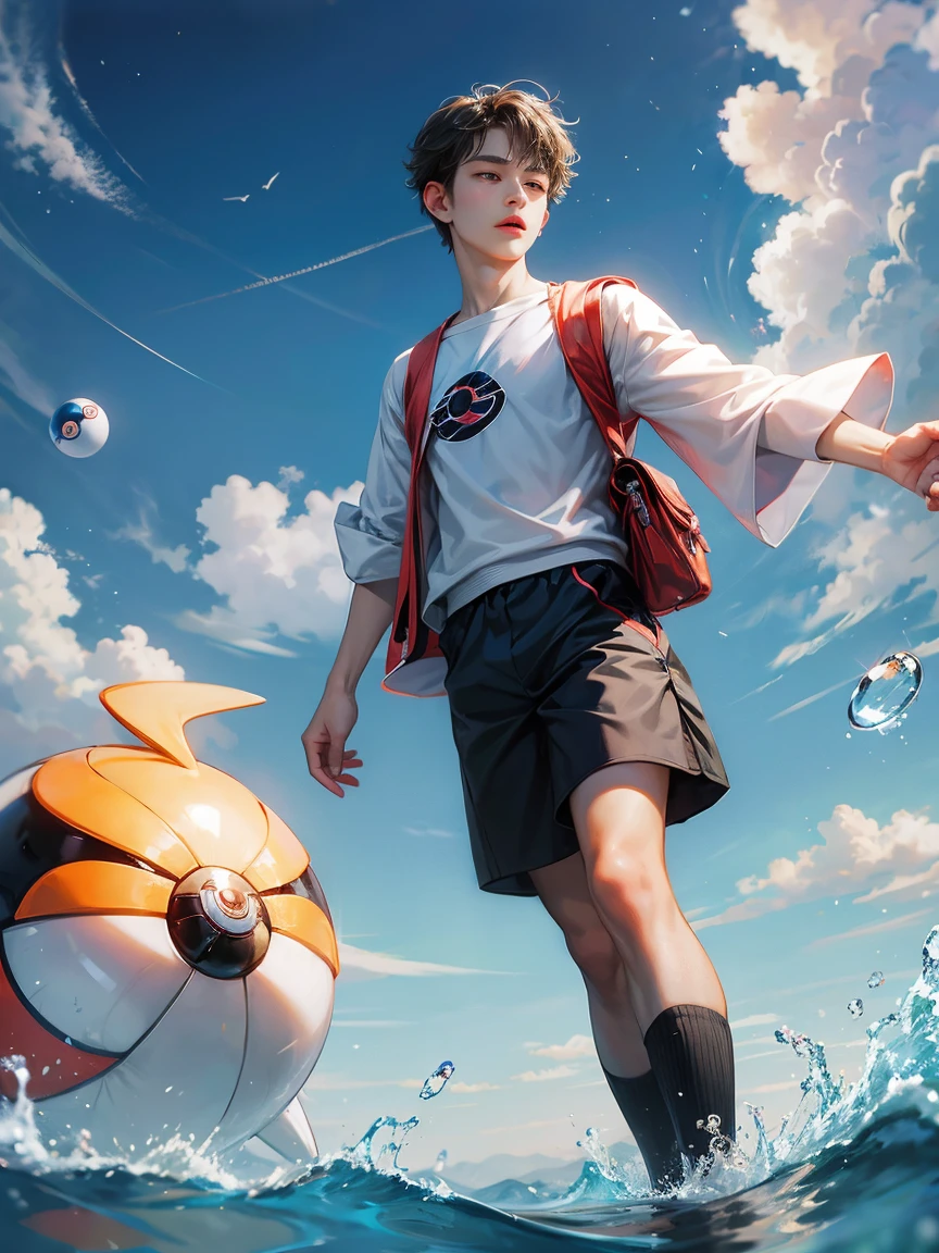 animeboy, cute boy, boy, 18 years old, psychic type trainer, Pokémon trainer, floating pokeball --iw 0.6