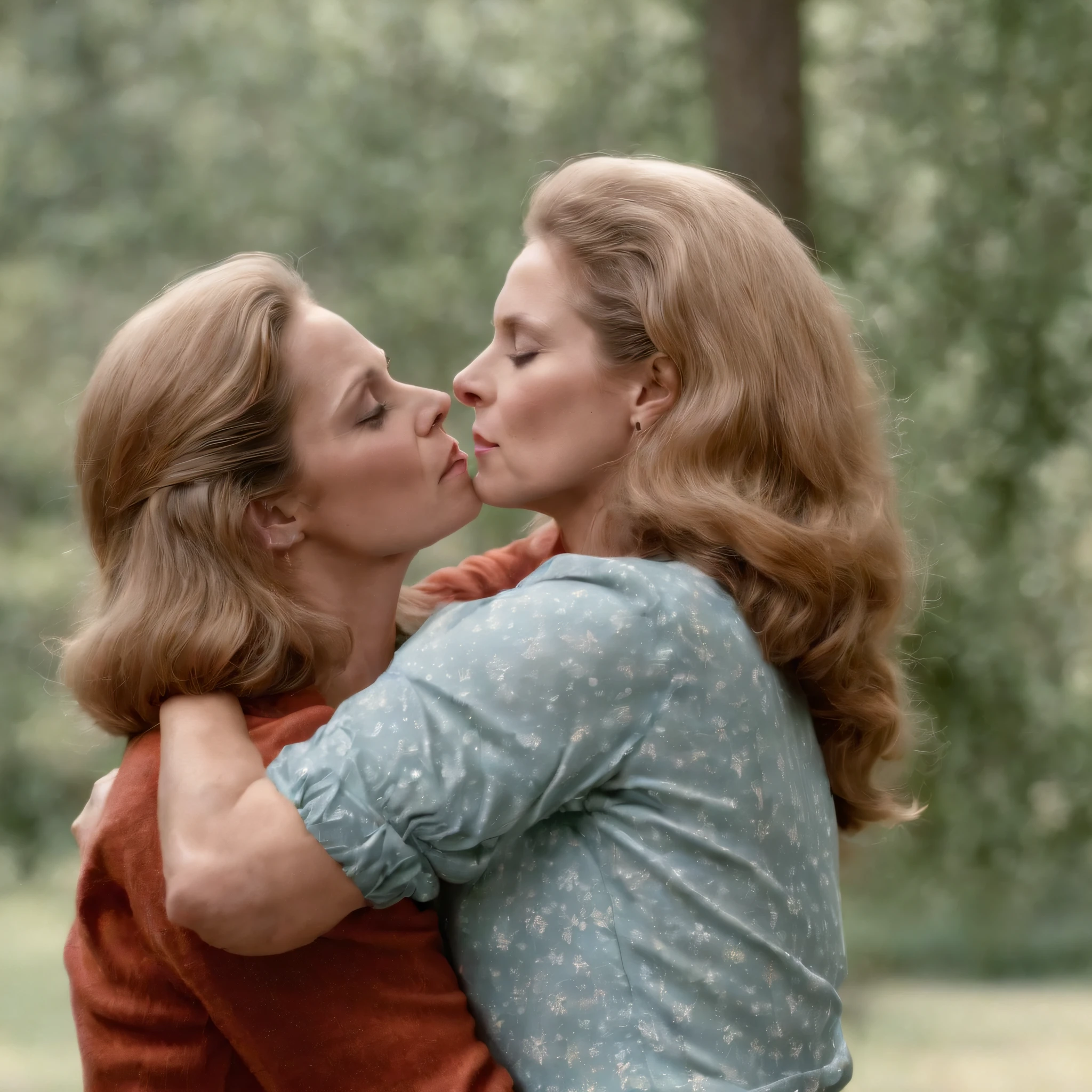 Elizabeth Montgomery as Samantha Stephen hugging and passionately kissing with Elizabeth Montgomery Serena, with hands on butts, full body