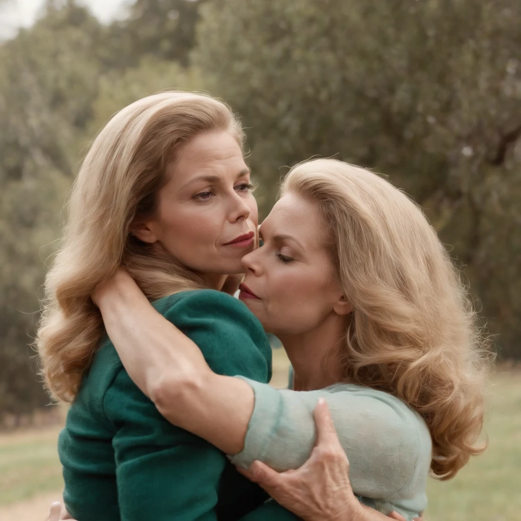 Elizabeth Montgomery as Samantha Stephen hugging and passionately kissing with Elizabeth Montgomery Serena,  with hands on butts, full body