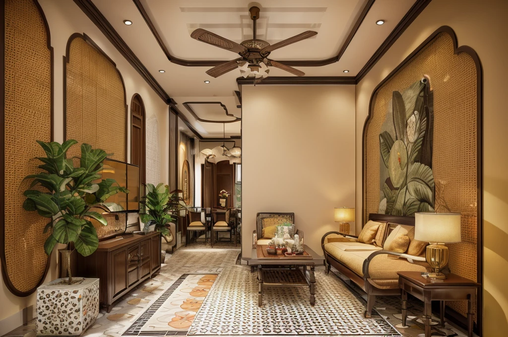 Raw photo, Masterpiece, high quality, best quality, authentic, super detail, interior, indoors, indochine livingroom with couch,rug, coffe table, dark tile floor, (sunset:1.1), vivid color, vray,