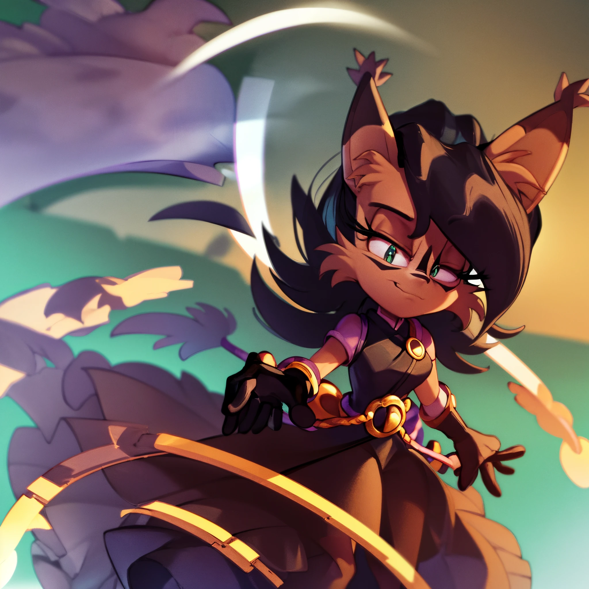 nicolethelynx, (best quality, masterpiece:1), female, Mobian, Lynx, long black hair, yellow eyes, green cheongsam dress, split dress, black tights, black and white gloves, gold cuffs, standing, looking at viewer, stoic yet calm demeanor, tired look, Japanese straw hat, (ancient garden and lake background)