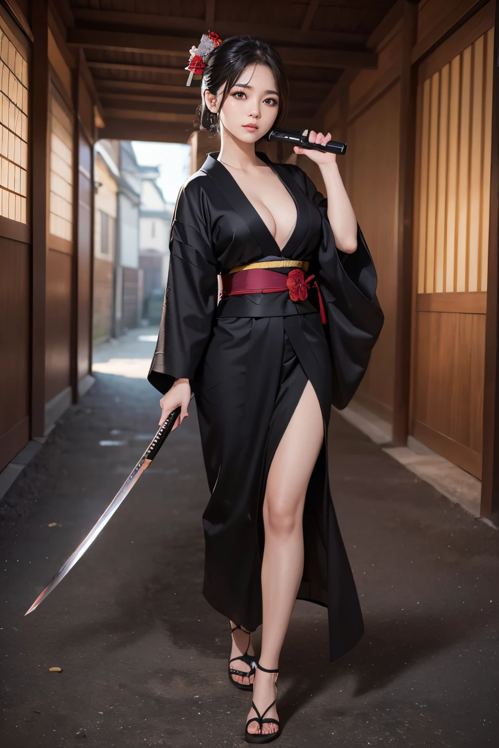(Ultra realistic), (Illustration), (High resolution), (8K), (Very detailed), (Best illustration), (Beautiful detailed eyes), (Best quality), (Ultra detailed), (Masterpiece), (Wallpaper), (Detailed face), Solo, 1 girl, Slightly dynamic angles, random pose, long black hair ponytail, Japan person, iris heterochromatic eyes, Small moles under the eyes, Kuichi,, Long legs, Splashing sweat, huge breasts, artistic nipple: 1.2, tight chest, action blockbuster, 17 years old