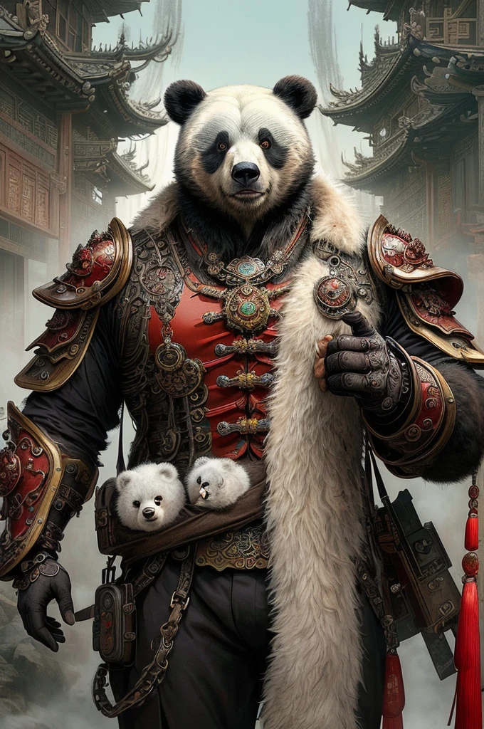 Describe a picturesque setting where a humanoid panda bear, expertly dressed in intricate, predominantly red steampunk armor with a Chinese aesthetic, walks majestically through a Chinese city. Detail the unique appearance of the armor, its ornate gears and extravagant Chinese accessories, while the bear, with an imposing posture, staring steadily at the camera. Explore the fusion between the wild nature of the bear and the technological aesthetics of steampunk, surrealist style, fine fur and realistic, intense sunlight