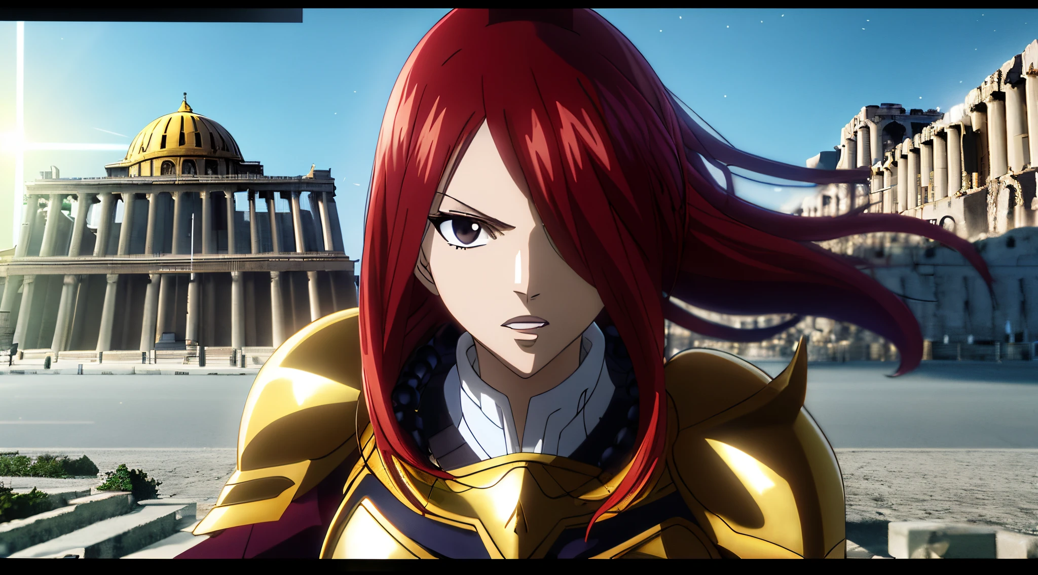 erza, 1girl, solo, long_hair, medium breasts,brown_eyes,red_hair,hair over one eye, golden armor, beads on neck, greek Acropolis in background,anime style,Lumen Reflections,Screen Space Reflections,Diffraction Grading,Chromatic Aberration,GB Displacement,Scan Lines,Ray Traced,Anti-Aliasing,FXAA,TXAA,RTX,SSAO,Shaders,OpenGL-Shaders,GLSL-Shaders,Post Processing,Post-Production,cell Shading,Tone Mapping,CGI,VFX,SFX,insanely detailed and intricate, 4K