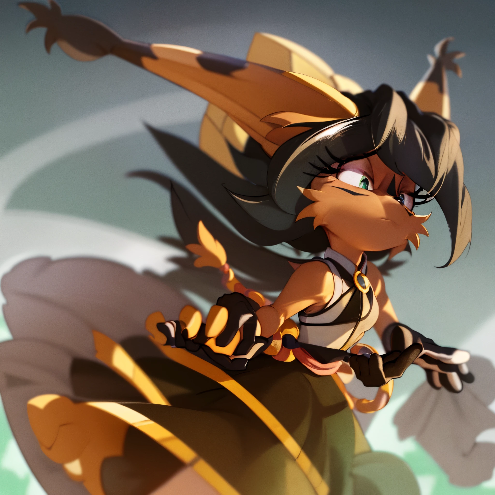 nicolethelynx, (best quality, masterpiece:1), female, Mobian, Lynx, long black hair, yellow eyes, green cheongsam dress, split dress, black tights, black and white gloves, gold cuffs, standing, looking at viewer, stoic yet calm demeanor, tired look, Japanese straw hat, (ancient garden and lake background)