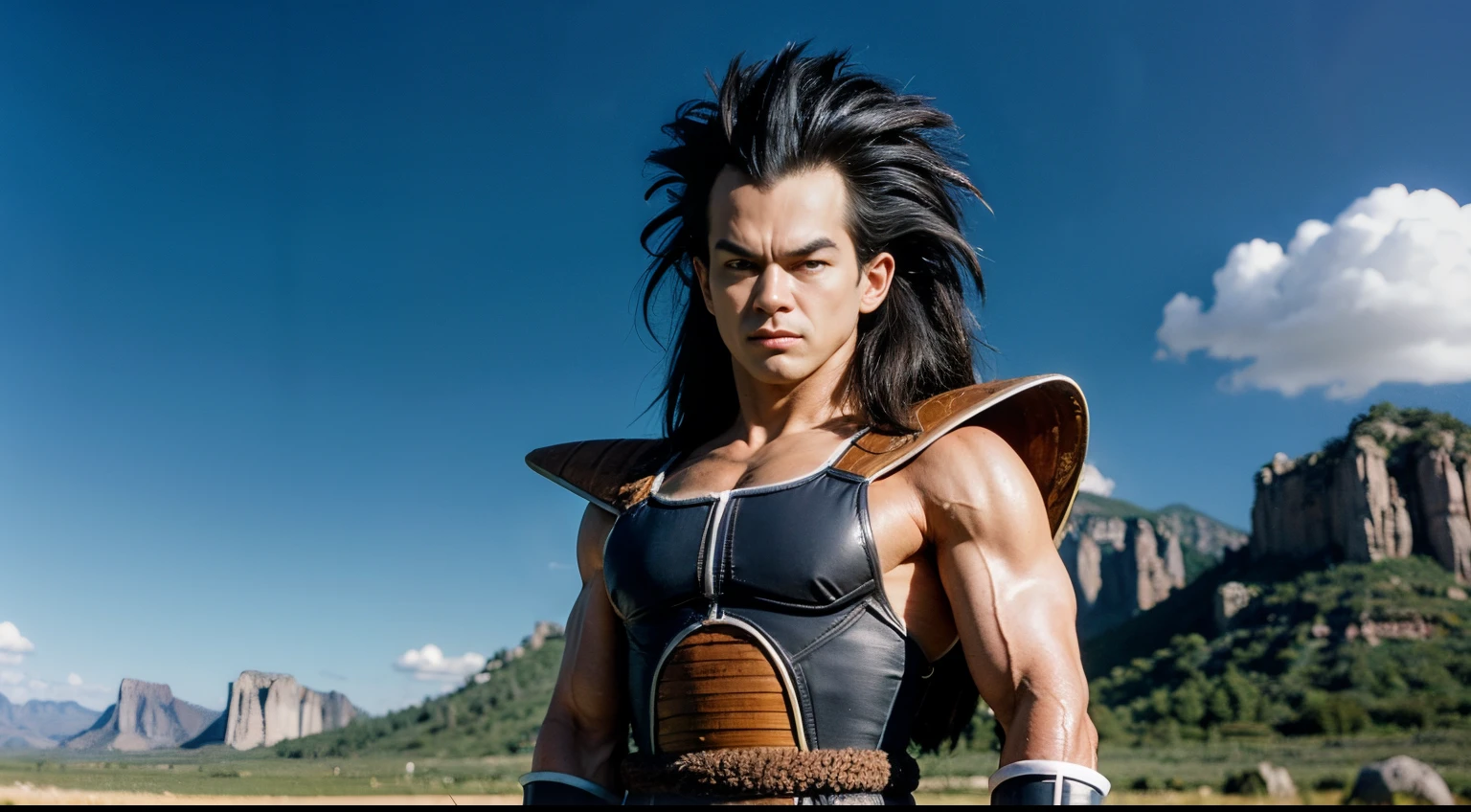 raditz, 1boy, solo, black hair, black eyes, (upper body:1.5,).portrait, smirk, saiyan armor, shoulder armor, faulds,very long hair,blue sky,plateau,tree,grass,standing,looking at viewer,tail around waist, red armband,black briefs,rocks, muscular male, (best quality, masterpiece) ,