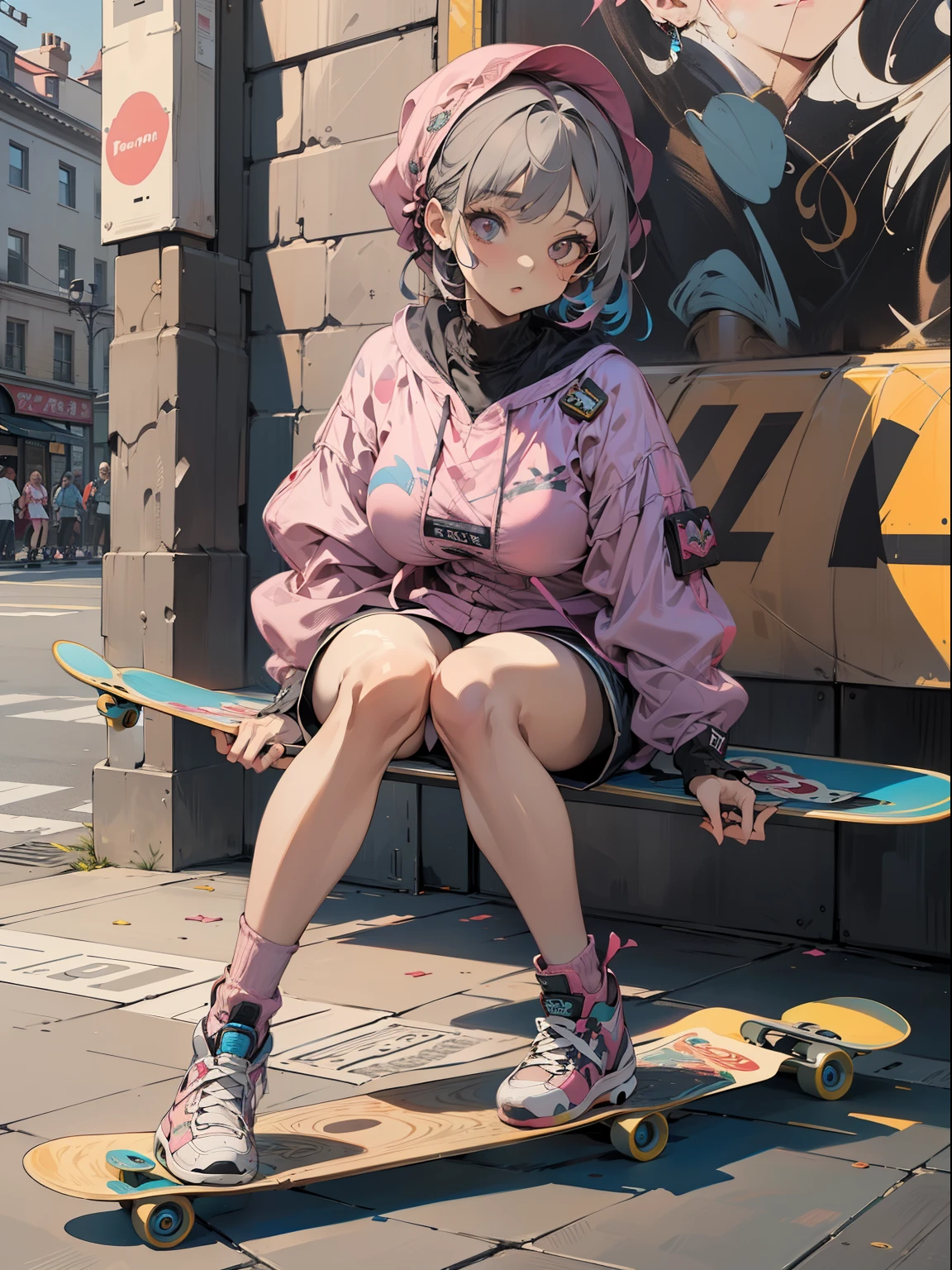 tmasterpiece, Best quality at best, (Very detailed CG unified 8k wallpaper) (Best quality at best), (Most Best Illustration), The best shadow, (A girl who skateboards: 1.3), 13 year old, cute big breasts, Short gray hair, bonnet, Sweet cool, Shiny details for the eyes, (Colorful flight suits), Fashion shorts, (Color skateboard: 1.1), Pink, Yellow, blue, the street, Rochas, (Best quality at best, stunning detailed: 1.25), (Alone), Brilliant and colorful paintings