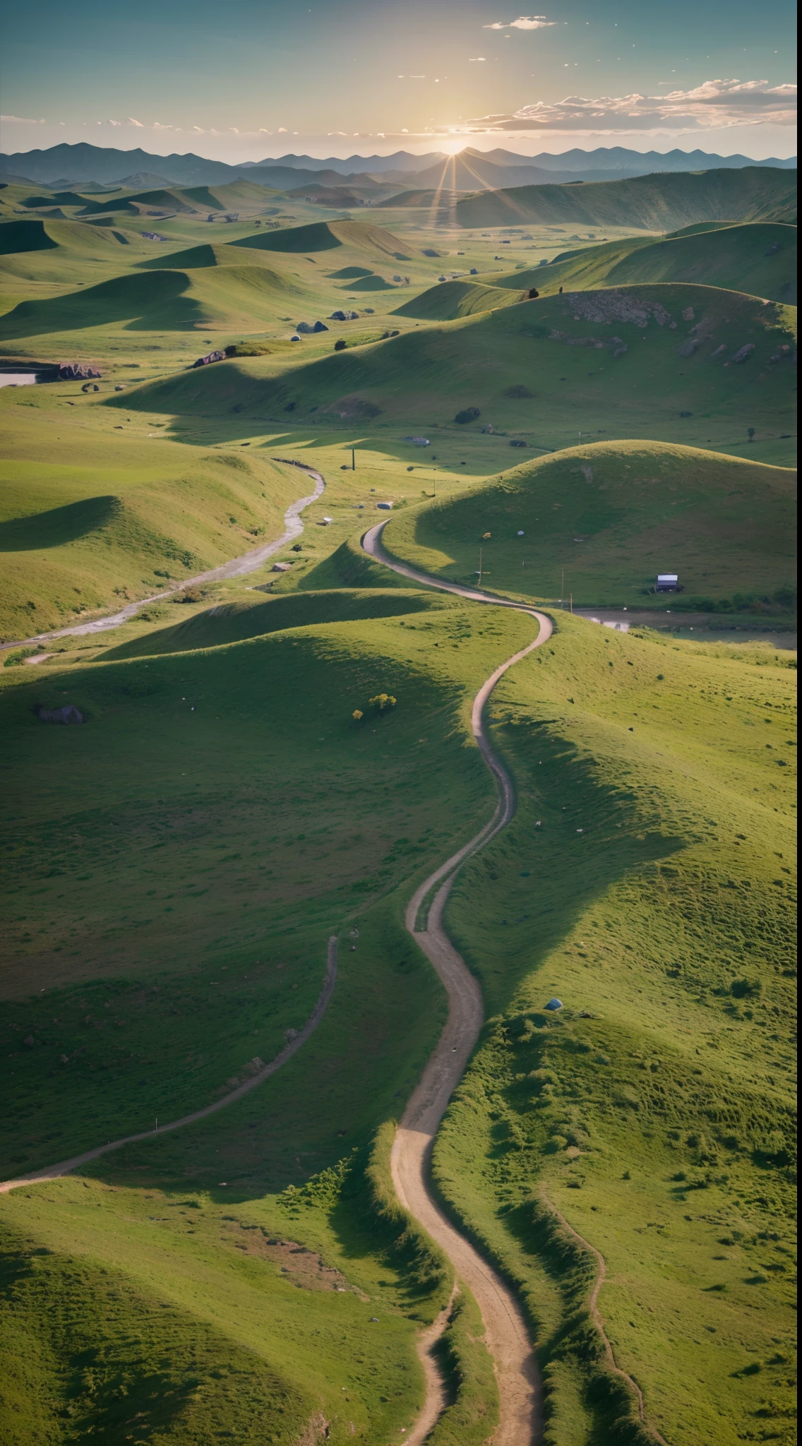 Generate a series of immersive 4K landscape images capturing the breathtaking beauty of the Mongolian grasslands. Focus on hyperrealistic details in the grass, terrain, and distant horizons, achieving a photorealistic quality. Employ HDR techniques to enhance the dynamic range and vividness of colors. Ensure the rendering reflects the play of light and shadows across the expansive landscape. Utilize Unreal Engine v5 for a seamless blend of 3D rendering and high-resolution professional photography, delivering a UHD visual experience that transports viewers to the heart of Mongolia's picturesque grasslands