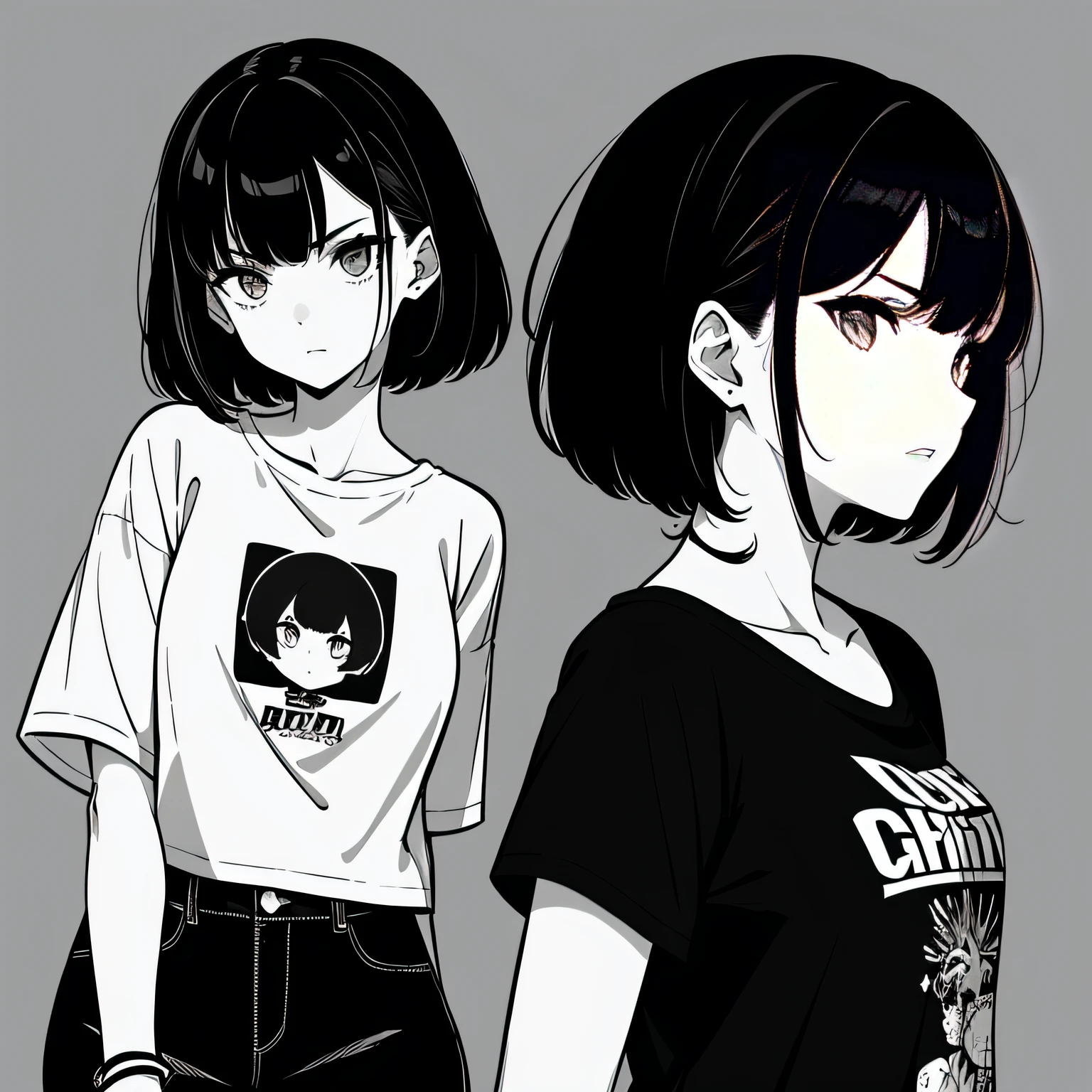 Girl, side portrait, black and white, Messy Short Hair, Spicy accessories,Sporty style, Casual T-shirt, Confident gaze, Monochrome color scheme, looking at the side, Chic street fashion, Sloppy hands in pockets posing,cap