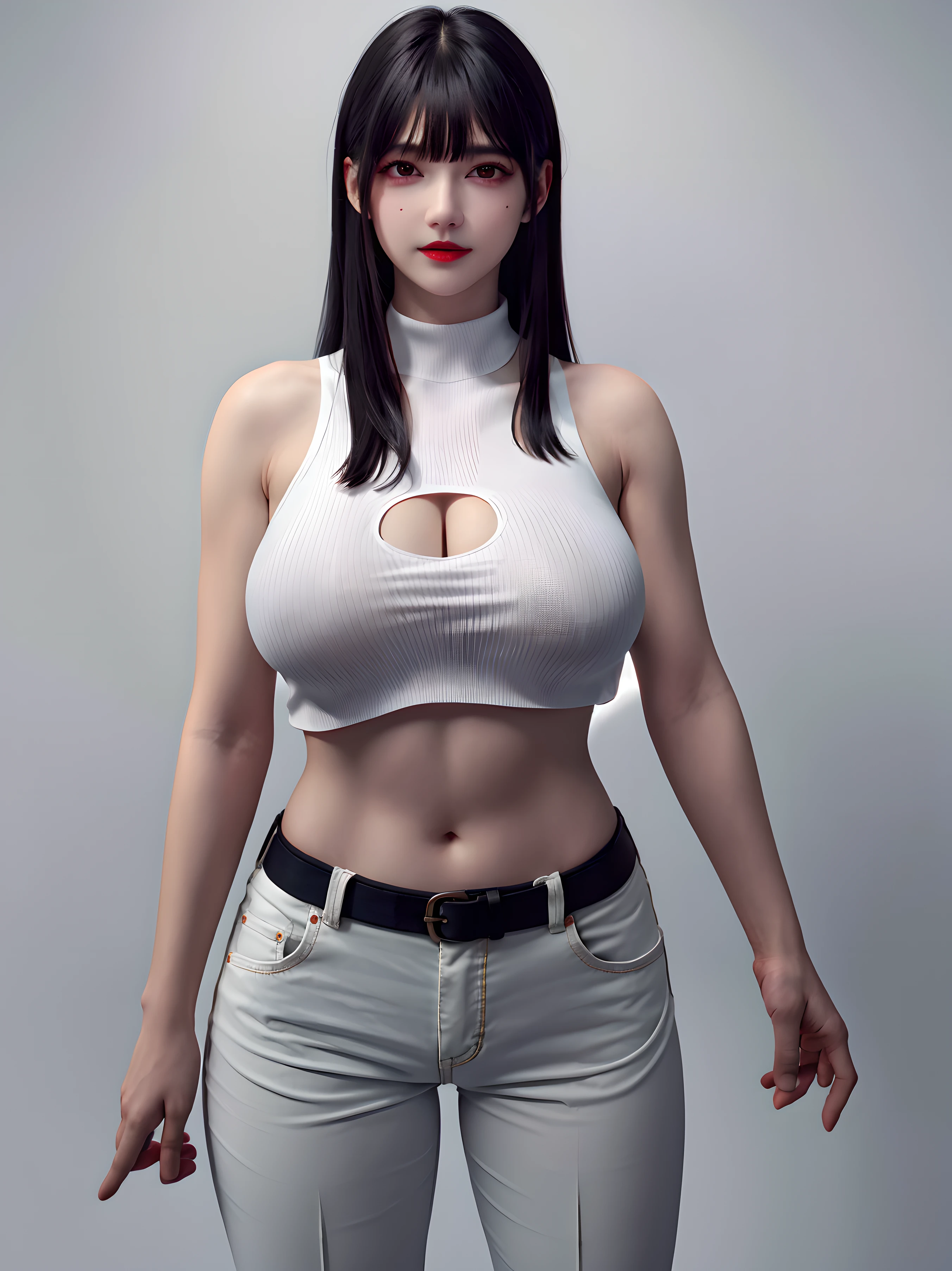 Girls, Bangs, Bare Shoulders, Black Pants, Breasts, Breasts squeezed together, Grey background, Hair between the eyes, Huge breasts, Long hair, View Viewer, Pants, Parted lips, Red eyes, Shirt, Simple background, Sleeveless, Sleeveless shirt, Solo, Turtleneck, V arm, White hair,(Shiny skin),(Masterpiece:1.4),(Best quality:1.4),,Facigirl,Red lips,Perfect abs, belly button, (nipple: 1.5), (sheer areola), nipple, huge, sweat,