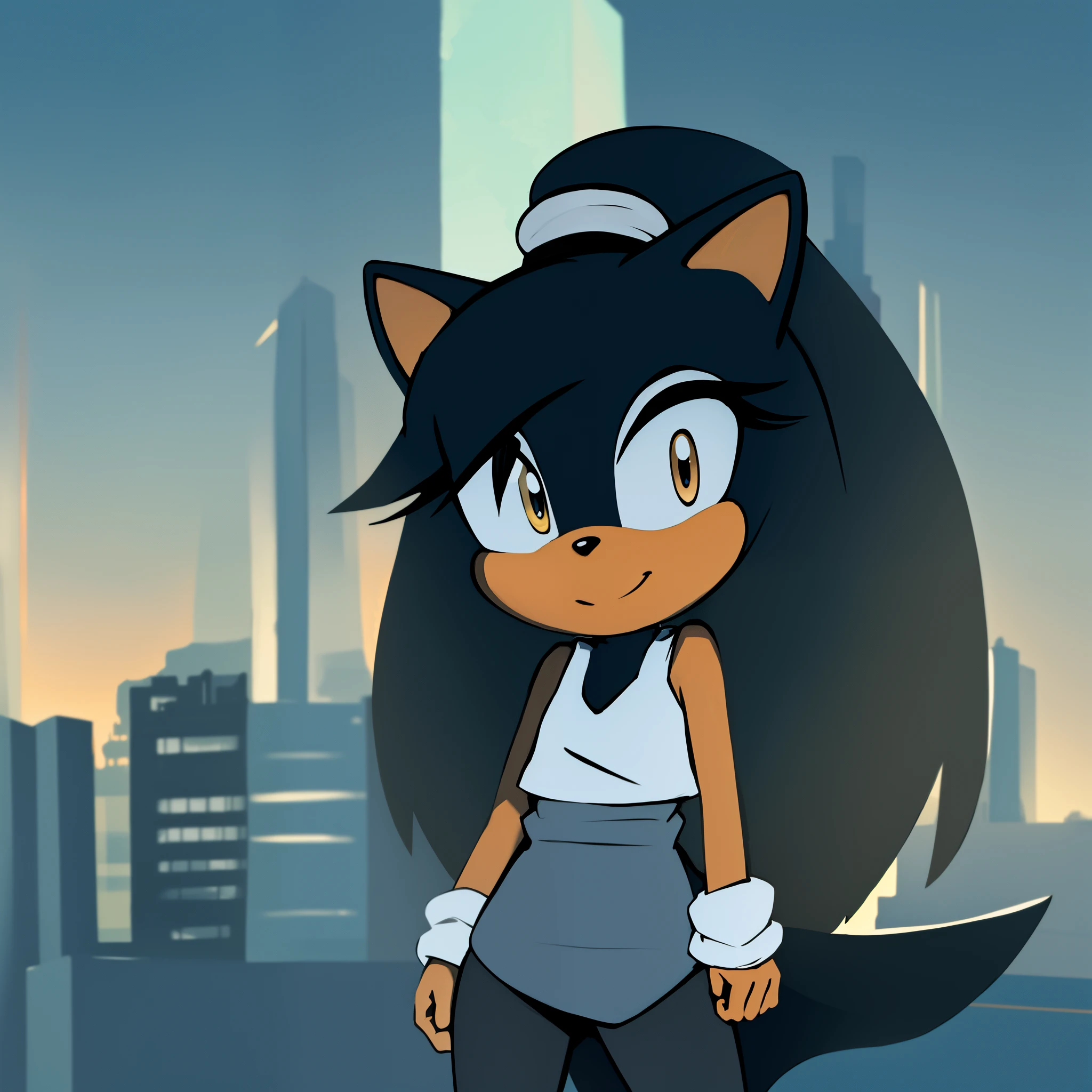 Zuki the Hedgehog, 1girl, solo, looking at viewer, smile, yellow high-waist skirt, white t-shirt, city background, off-shoulders, black fur, long hair, ponytail, black irises, white scrunchy, grey leggings, monkey tail, Saiyan tail, hair bang over eye