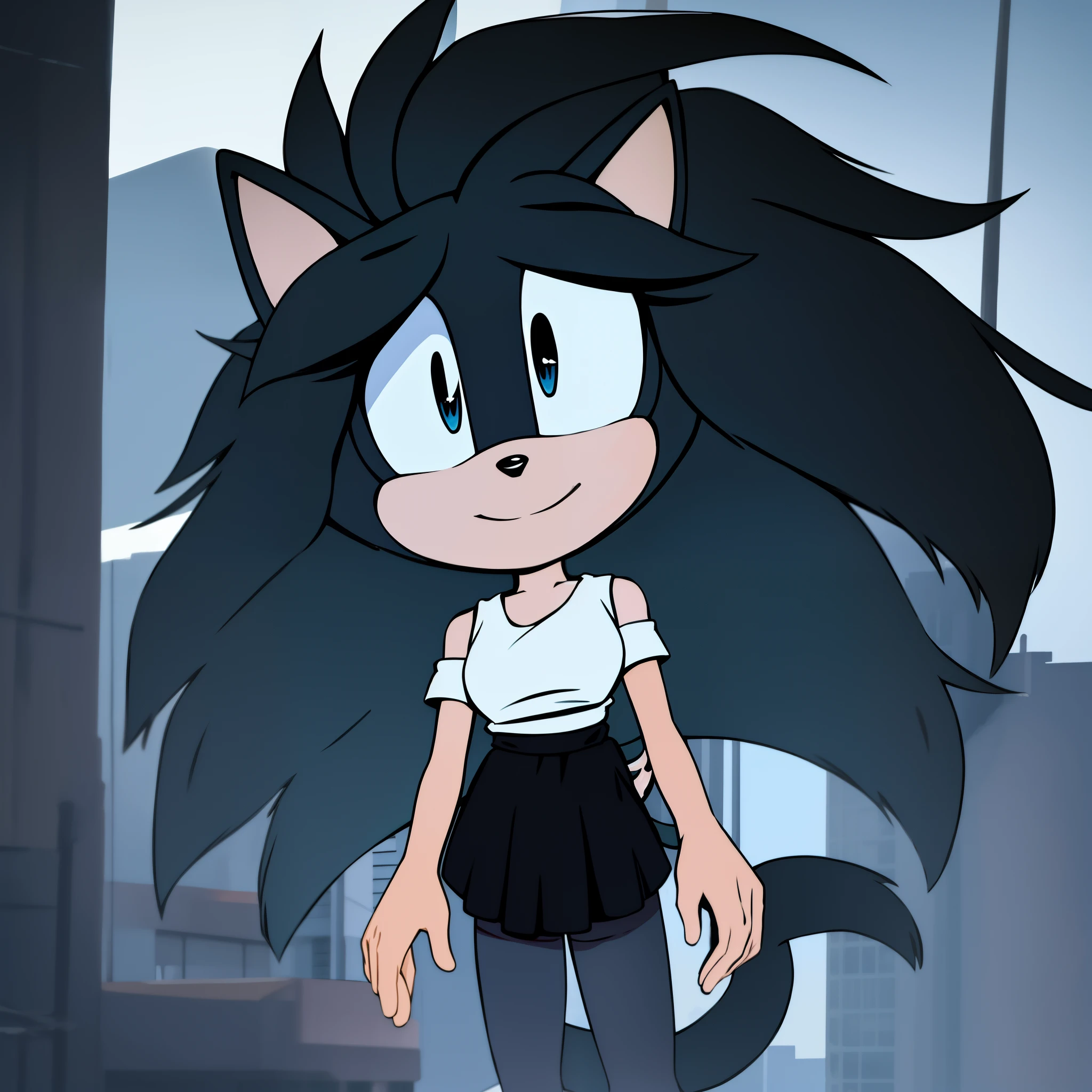 Zuki the Hedgehog, 1girl, solo, looking at viewer, smile, yellow high-waist skirt, white t-shirt, city background, off-shoulders, black fur, long hair, ponytail, black irises, white scrunchy, grey leggings, monkey tail, Saiyan tail, hair bang over eye