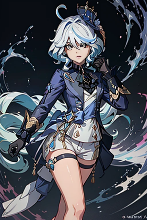 Personaje furina de genshin impact, cuerpo completo y que se vea los pies.