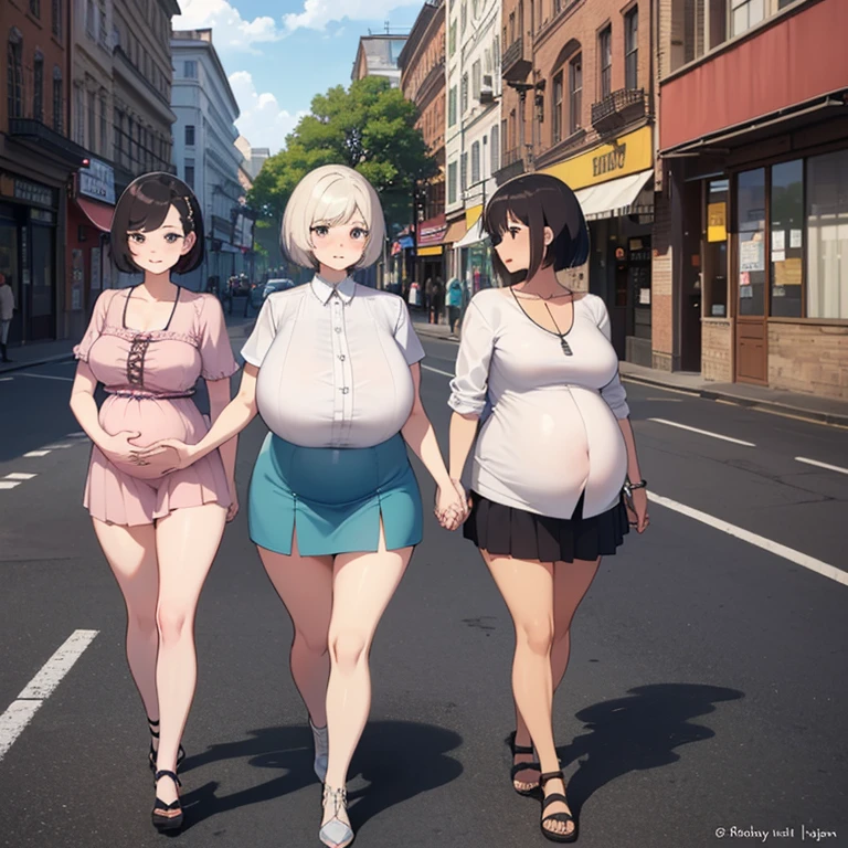 2 women of different sizes walking hand in hand on the busy street during the day,((a woman with a huge penis is completely naked and pregnant,((a thin woman in a very short skirt and very short blouse)),Different types of hair , different body,