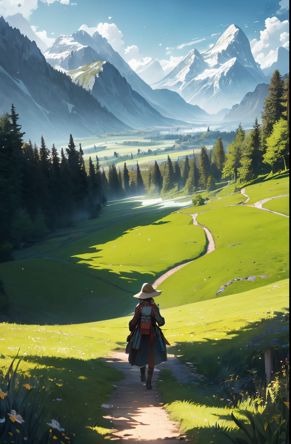 In a green meadow stands a girl leading a group of knights.
BREAK
With a brave expression, she guides them towards their destination.
BREAK
Behind her, a green forest stretches out and beyond that, mountains rise in the distance.
BREAK
The most suitable effect for this scene would be a watercolor painting technique to capture the softness of the meadow and the fluidity of the movement.