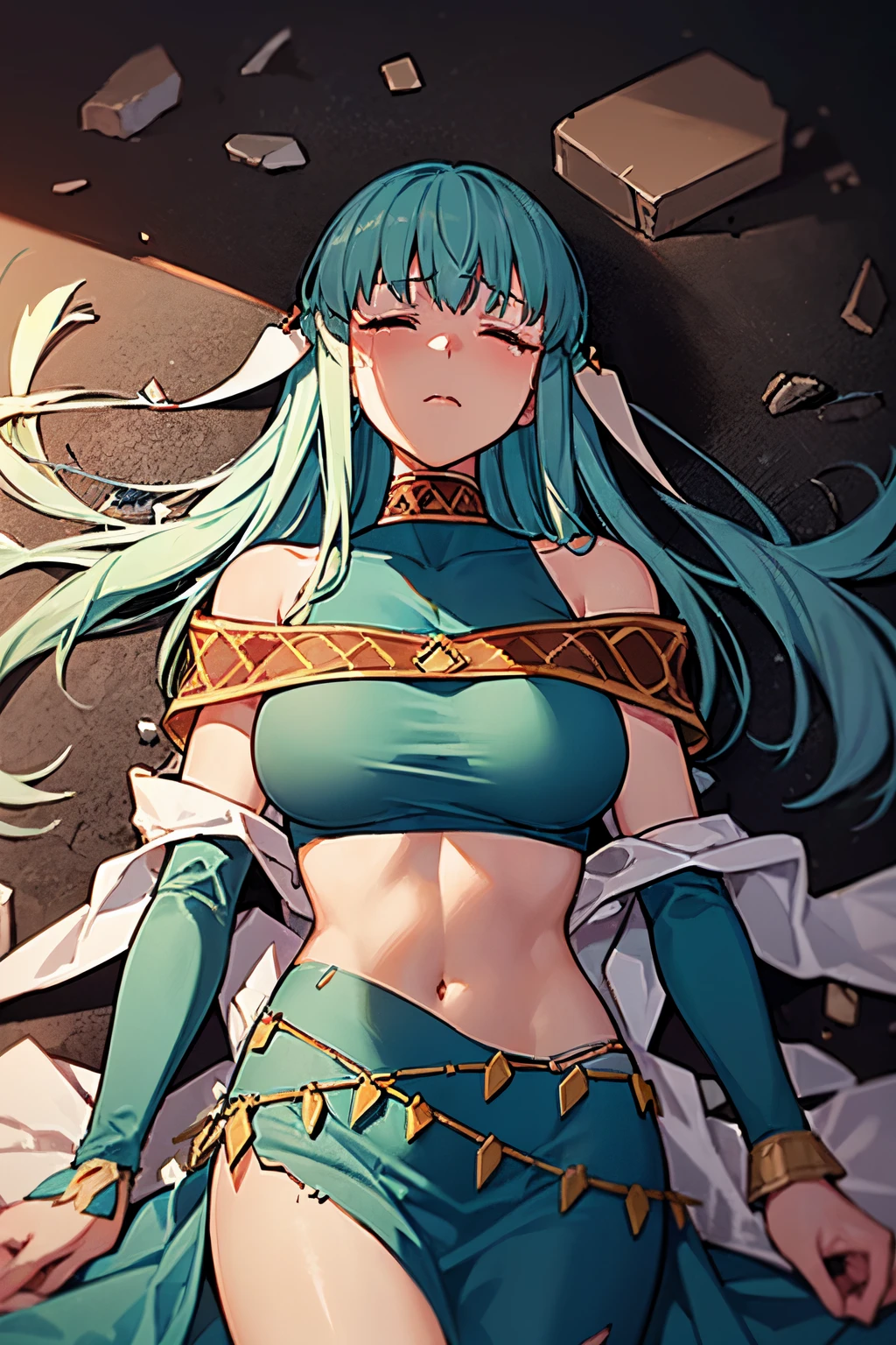 Ninian is lovingly languid in a crater after losing a tough battle, lieing lifeless and inert on debris, rubble, and weapons with torn pieces of fabric out of her dress. Her blue dress, despite being whole, has many rips and tears. She cannot move from her prone position lieing on her back, unable to open her eyes or breath. (Ninian), (blue hair, blue eyes, large shapely breast, long hair, clammy and damp face), (Dress), (long blue drenched dress, bare shoulders, more small jewlery, ripped and torn dress, languid in a dark grey murky field, anguished facial expression, closed eyes) (anguished closed eyes:1), (Ninian languid, prone on her back, defeated in rubble and weapons:1.5), Ninian is listless and motionless in a dark grey foggy field:1.0, Ninian is sullied and dirty:1.2, ( Ninian lieing in debris and broken metal pieces:1.0), inside has rubble and many pieces of broken spears, blades, and shields covering Ninian, (4K quality, high quality, 4k quality Ninian and dress:1.0), (solo, one person, 1girl:1.5), ninian fe, red eyes, long dress, jewelry, dancer