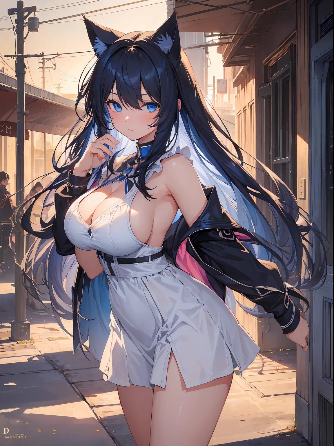 girl, ((masterpiece best quality, high resolution, 4K)), cinematic lighting, long hair, blue eyes, cat ears, cat tail, (Black hair, inner blue hair), thick tighs, big breasts,