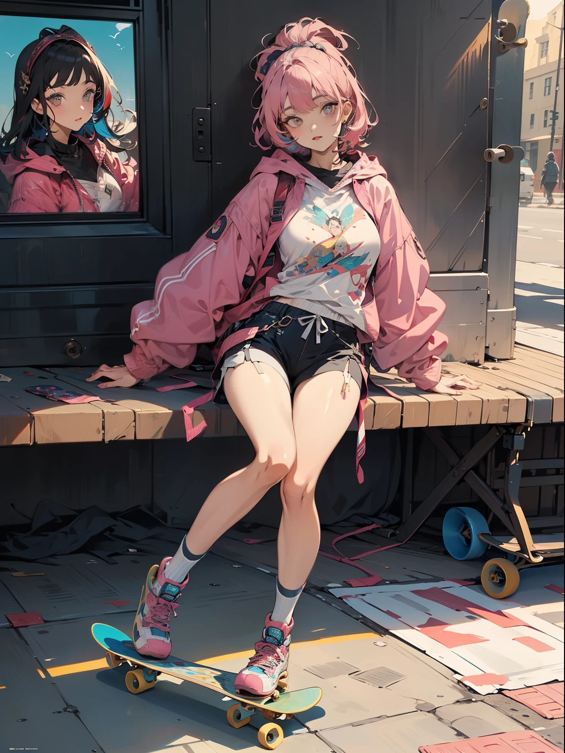 tmasterpiece, Best quality, (Very detailed CG unified 8k wallpaper) (Best quality), (Best Best Illustration), The best shadow, (A girl who skateboards: 1.3), 13 year old, Cute big breasts, cheveux gris courts, Hood, Sweet cool, Shiny details for the eyes, (Colorful flight suits), Fashion shorts, (Color skateboard: 1.1), Pink, Yellow, blue, the street, Rochas, (Best quality, Stunningly detailed: 1.25), (Alone), Brilliant and colorful paintings