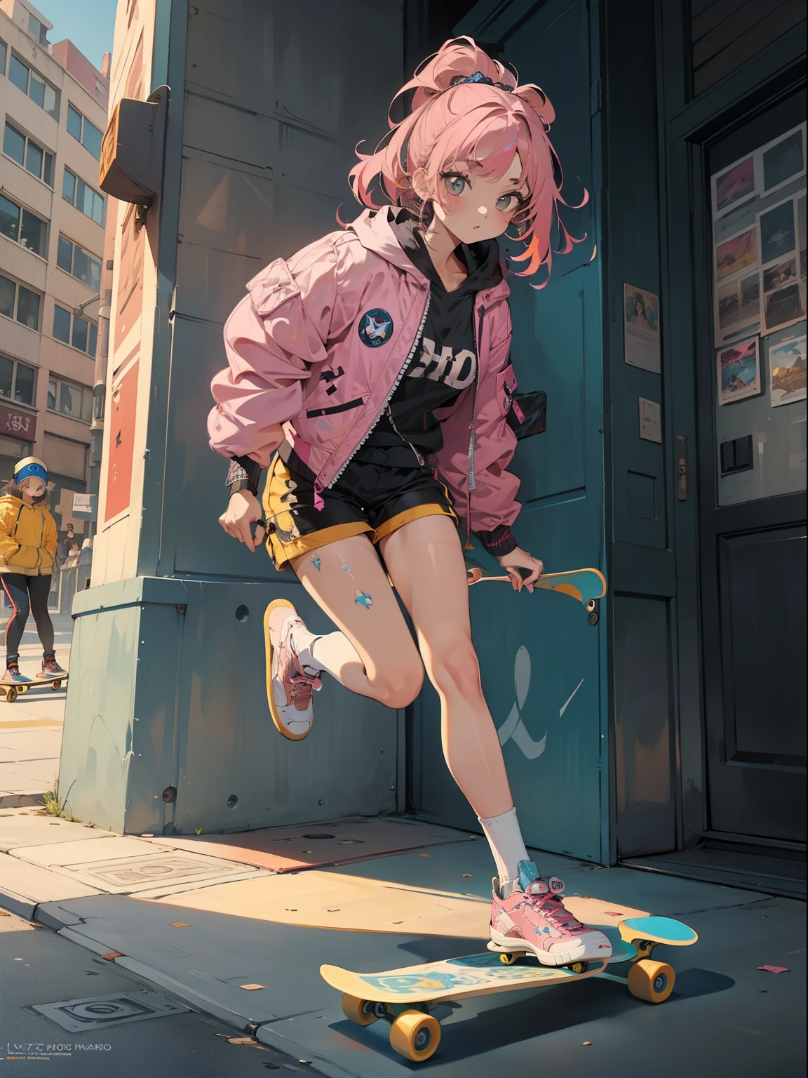 tmasterpiece, Best quality, (Very detailed CG unified 8k wallpaper) (Best quality), (Best Best Illustration), The best shadow, (A girl who skateboards: 1.3), 13 year old, Cute big breasts, cheveux gris courts, Hood, Sweet cool, Shiny details for the eyes, (Colorful flight suits), Fashion shorts, (Color skateboard: 1.1), Pink, Yellow, blue, the street, Rochas, (Best quality, Stunningly detailed: 1.25), (Alone), Brilliant and colorful paintings