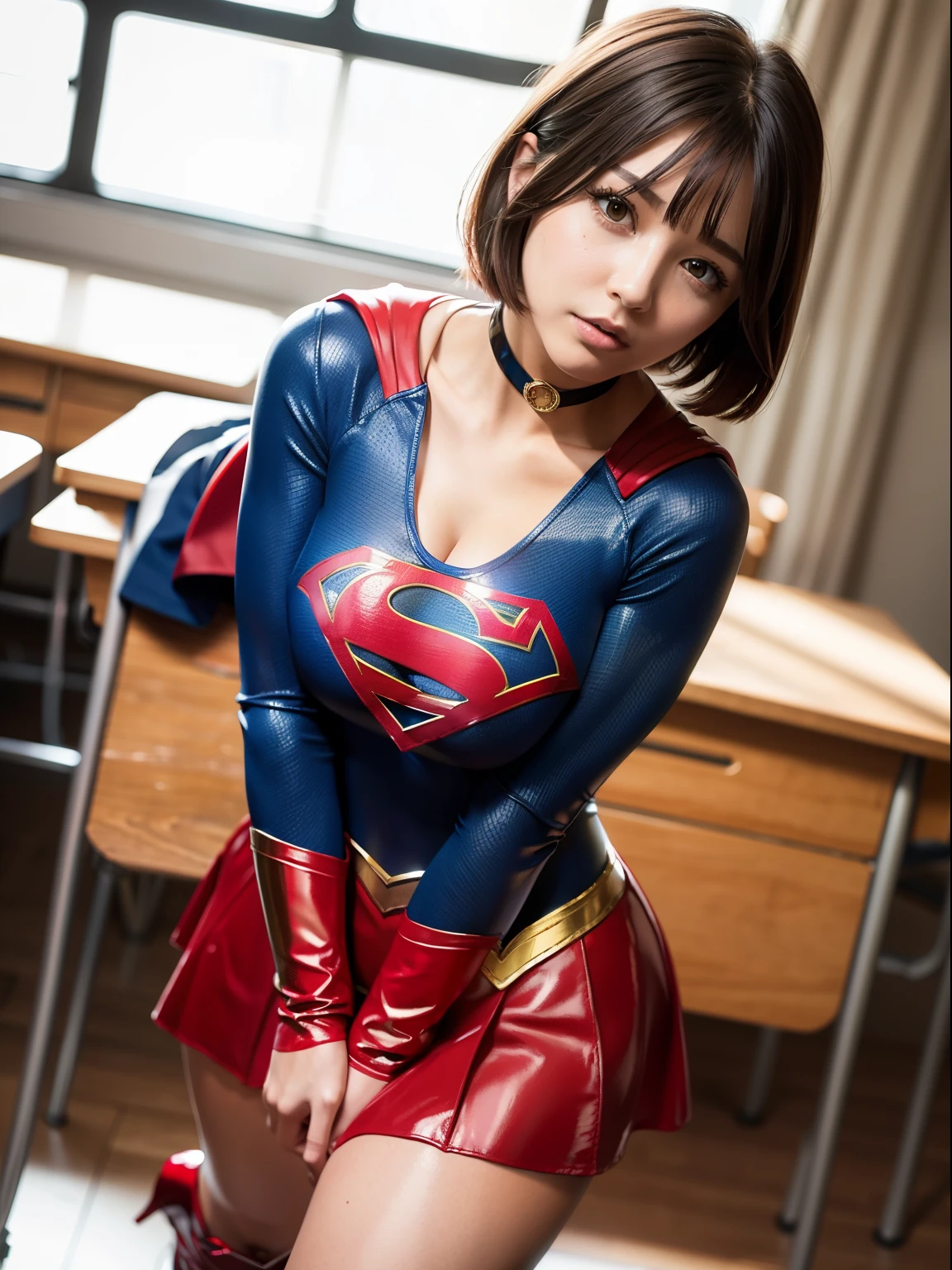 ​masterpiece,Short-haired supergirl showing off her thighs on her school desk、large full breasts、Looking at the camera、Glossy enamel costume、Glossy red enamel long boots、Shiny red skirt、a choker、Plump、Fluttering cloak、seduces、sexypose