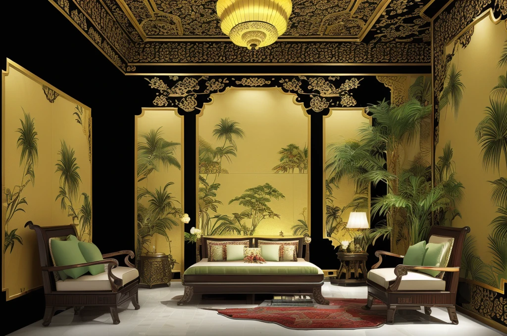 (( masterpiece)) (( ultral realistic)) (( sharp forcus)) (( high detail)) bedroom in indochina style,china , vietnam, black wooden furniture, wallpaper, patent,glossy, ceramic tiles floor,