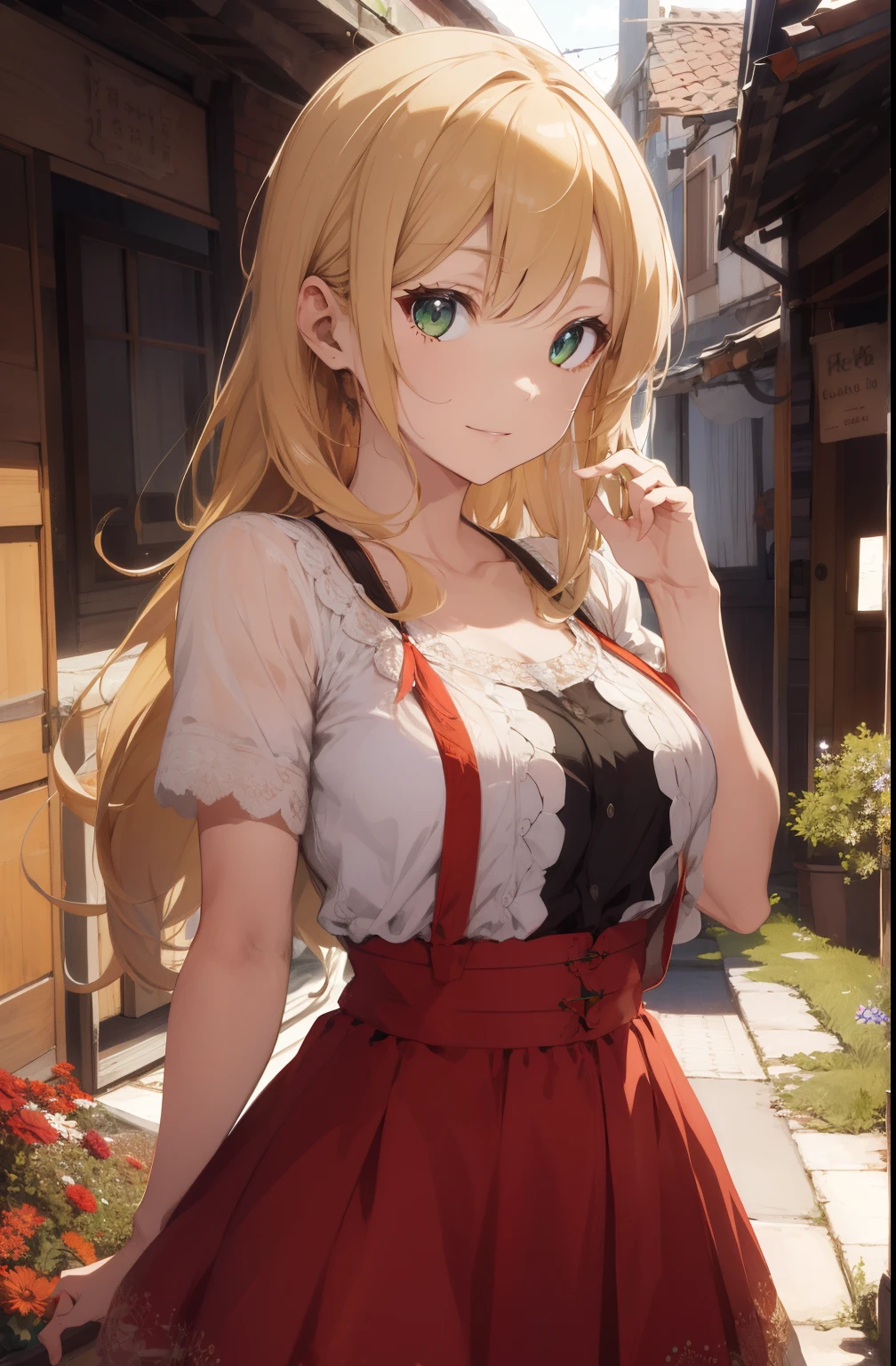 (absurdres, highres, ultra detailed), 1girl, mature female, wavy blonde hair, long hair, blunt bangs, green eyes, pink dress, finely detailed eyes and detailed face, extremely detailed CG unity 8k wallpaper, intricate details, BREAK , kaleidoscopic imagery, symmetrical patterns, vibrant colors, geometric shapes, mesmerizing designs, optical illusions, dynamic composition BREAK , pantomime art, expressive body language, silent storytelling, evocative gestures, visual narratives, theatrical performances BREAK , blooming flowers, colorful petals, fragrant scents, nature's bounty, vibrant gardens, peaceful scenery