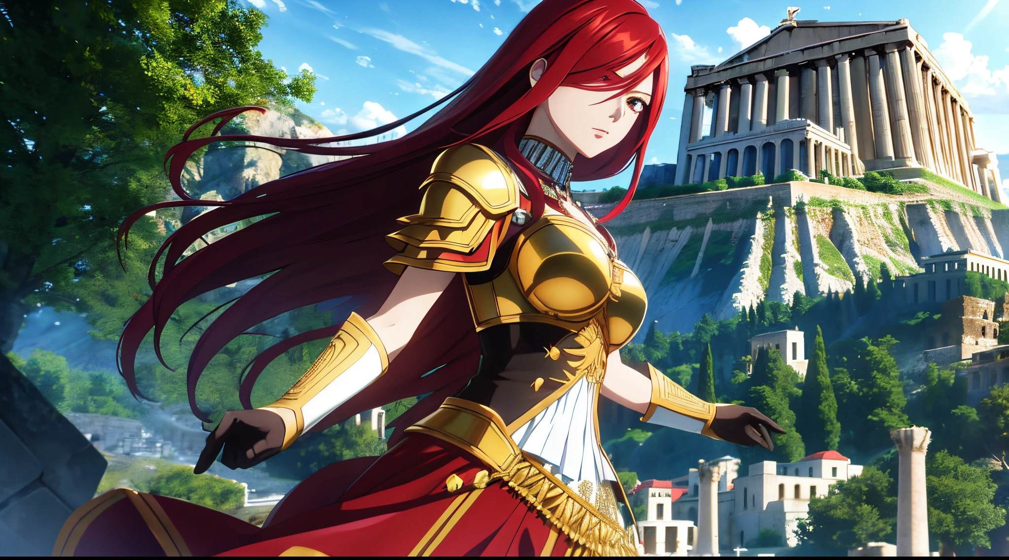 erza, 1girl, solo, long_hair, medium breasts,brown_eyes,red_hair,hair over one eye, golden armor, beads on neck, long skirt,lush greenery greek Acropolis in background,anime style,Lumen Reflections,Screen Space Reflections,Diffraction Grading,Chromatic Aberration,GB Displacement,Scan Lines,Ray Traced,Anti-Aliasing,FXAA,TXAA,RTX,SSAO,Shaders,OpenGL-Shaders,GLSL-Shaders,Post Processing,Post-Production,cell Shading,Tone Mapping,CGI,VFX,SFX,insanely detailed and intricate, 4K