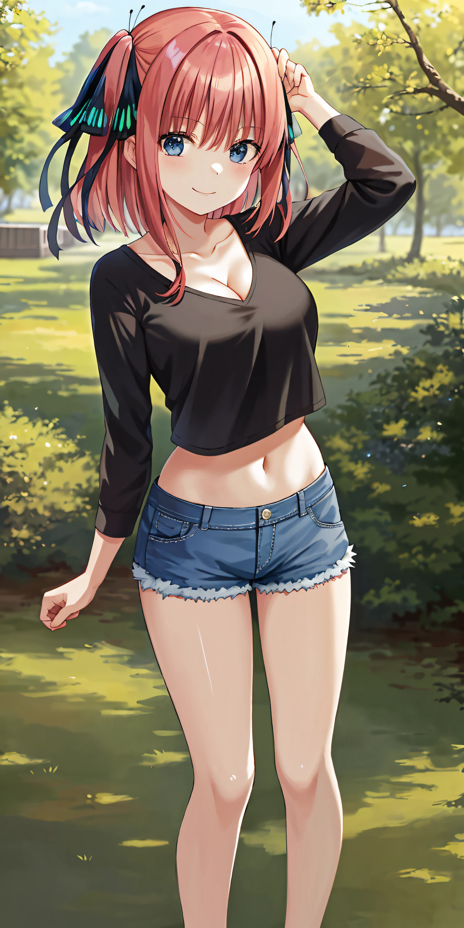 2d, masterpiece, best quality, anime, highly detailed, 1girl, solo, cowboy shot, nakano nino, pink hair, butterfly hair ornament, crop top , cleavage, Denim shorts , medium breasts, standing, school, outdoors, smile