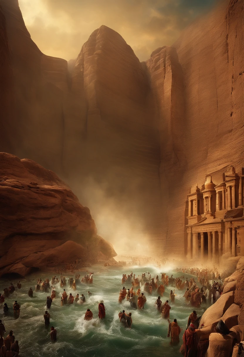 The Exodus of Moses、A large crowd crossing a dry part of the ocean、600,000 people、A large crowd crosses the dry ocean floor、Romper、There is a huge wall of water on both sides and a large crowd passes between the walls
